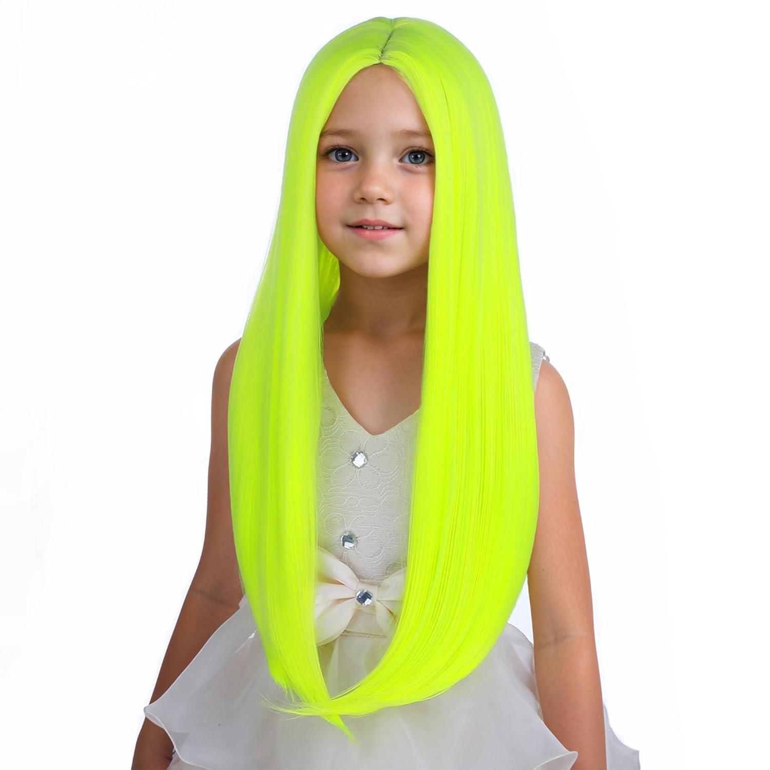 imageKids Black Wig Long Straight Black Wig for Gilrs Child Black Wigs Heat Resistant Synthetic Cosplay Halloween Wigs BlackFluorescent Green