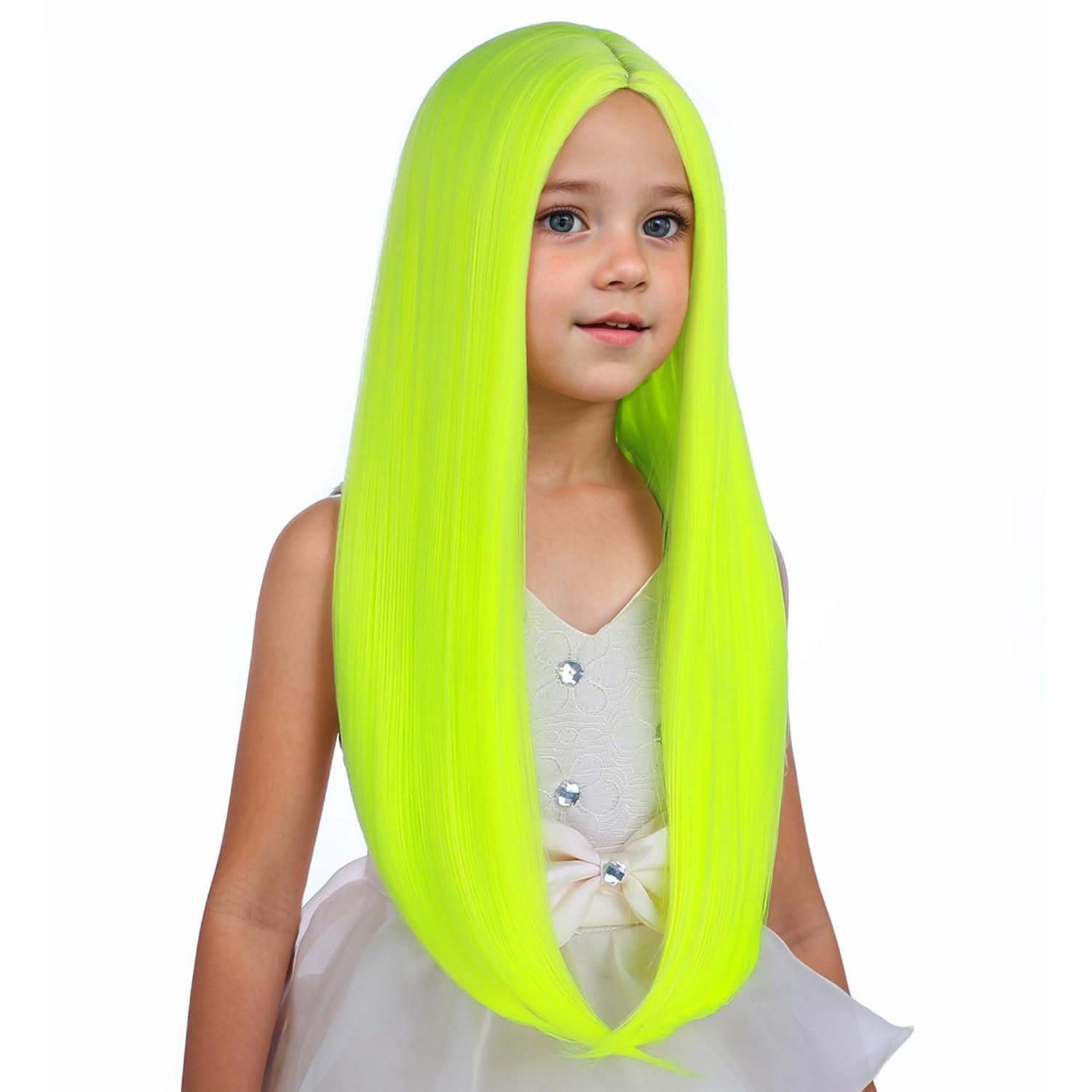 imageKids Black Wig Long Straight Black Wig for Gilrs Child Black Wigs Heat Resistant Synthetic Cosplay Halloween Wigs BlackFluorescent Green