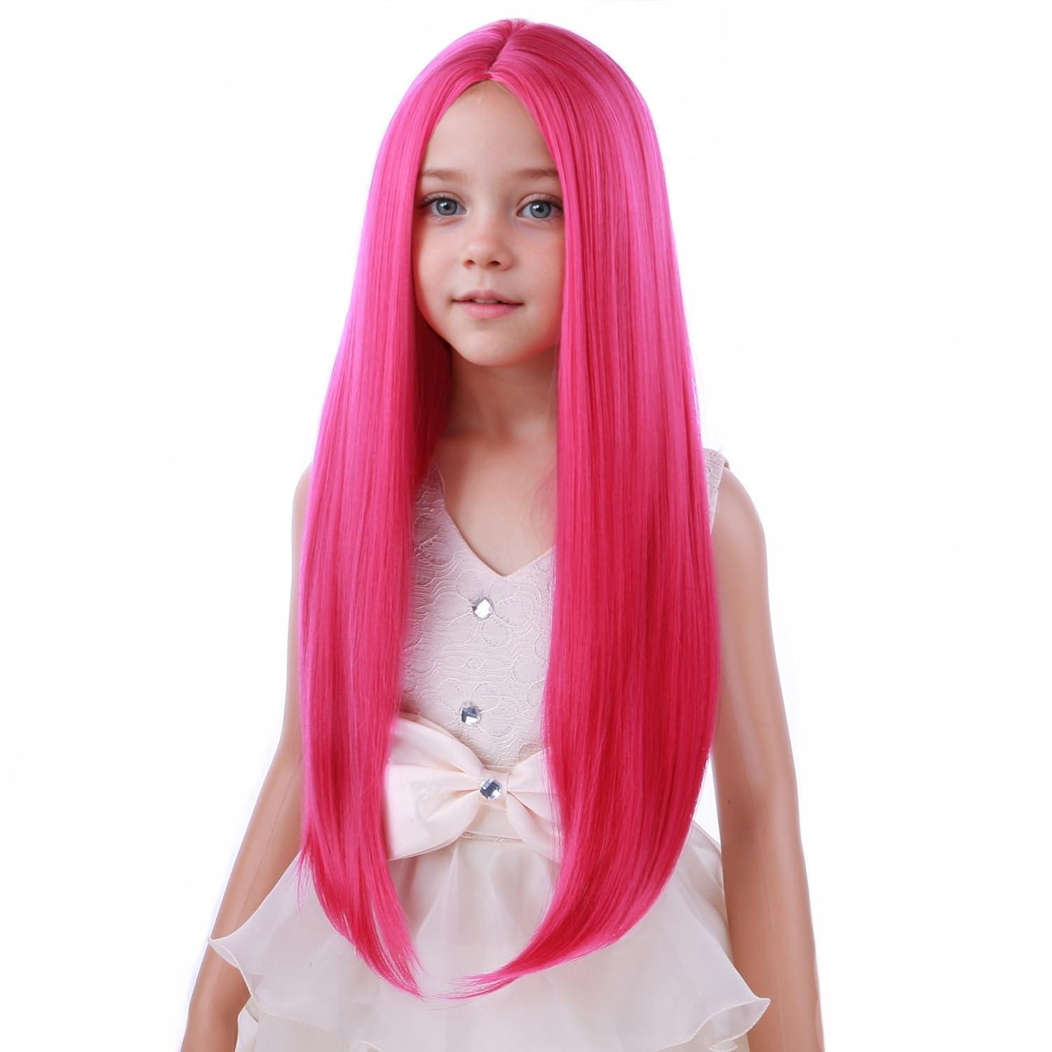 imageKids Black Wig Long Straight Black Wig for Gilrs Child Black Wigs Heat Resistant Synthetic Cosplay Halloween Wigs BlackHot Pink