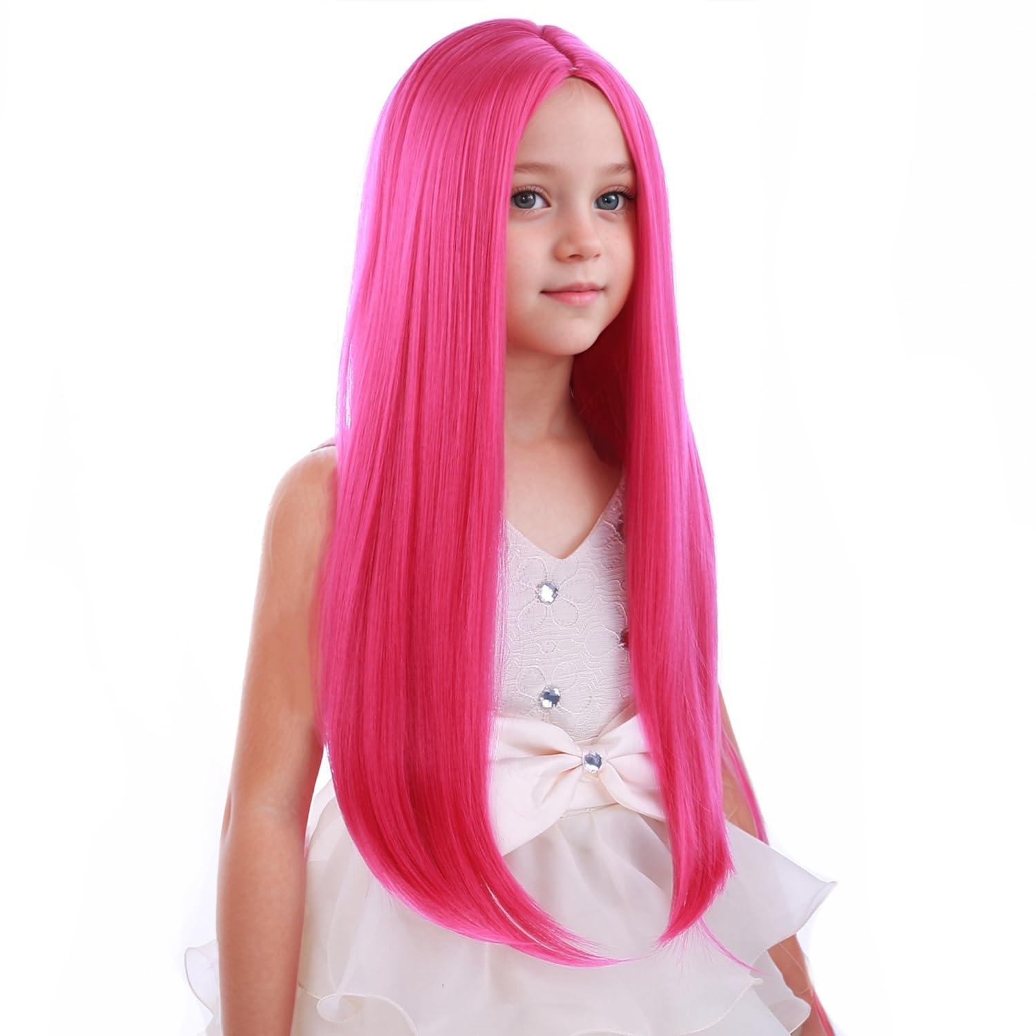imageKids Black Wig Long Straight Black Wig for Gilrs Child Black Wigs Heat Resistant Synthetic Cosplay Halloween Wigs BlackHot Pink