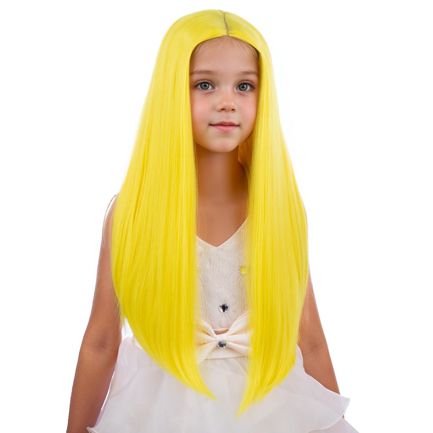 imageKids Black Wig Long Straight Black Wig for Gilrs Child Black Wigs Heat Resistant Synthetic Cosplay Halloween Wigs BlackYellow