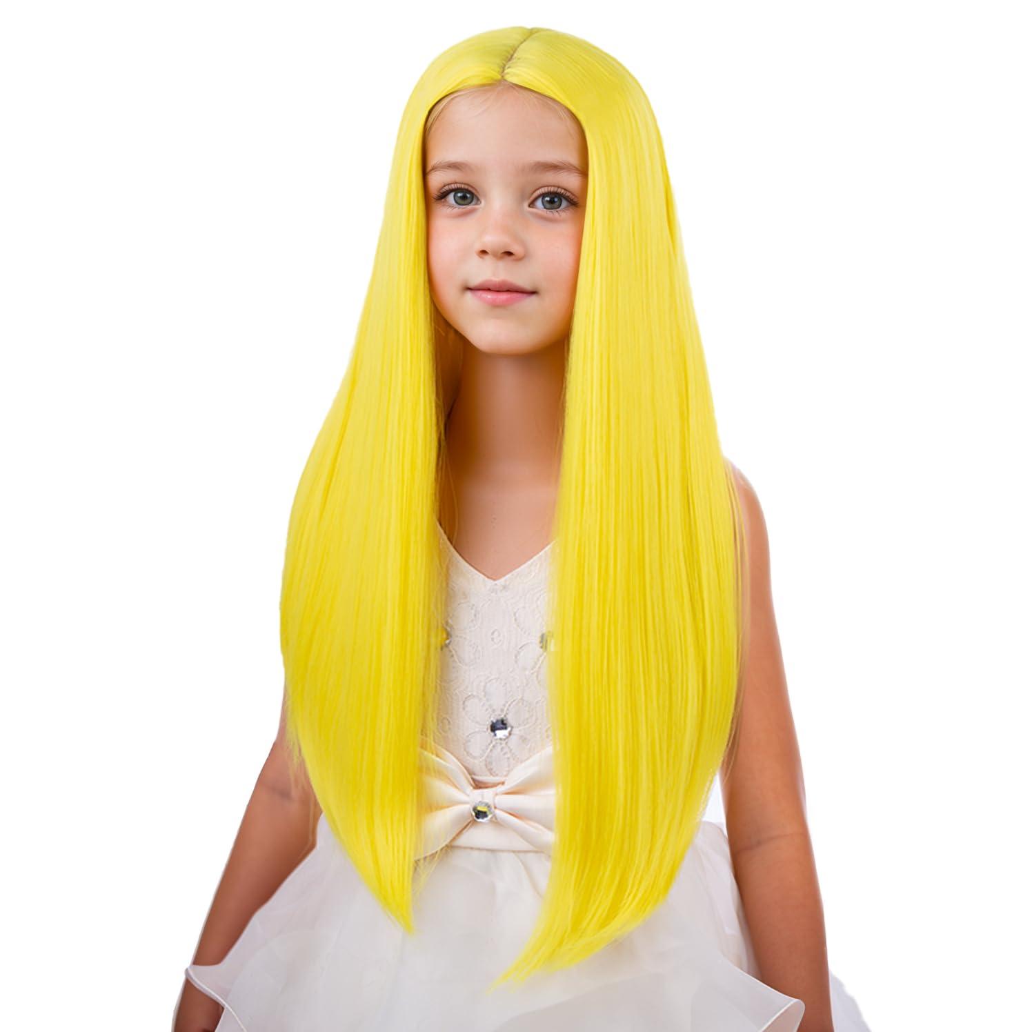 imageKids Black Wig Long Straight Black Wig for Gilrs Child Black Wigs Heat Resistant Synthetic Cosplay Halloween Wigs BlackYellow