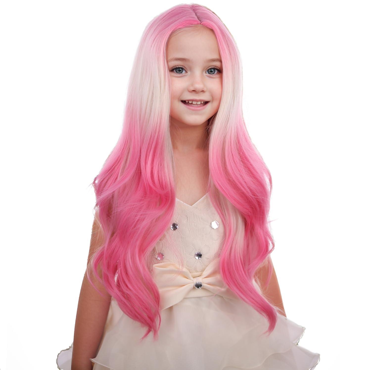 imageKids Blue Wig Long Wavy Child Wig Light Blue Wig for Kids Heat Resistant Synthetic Hair Cosplay Costume Girls Wig Mixed BlueBlonde to Pink