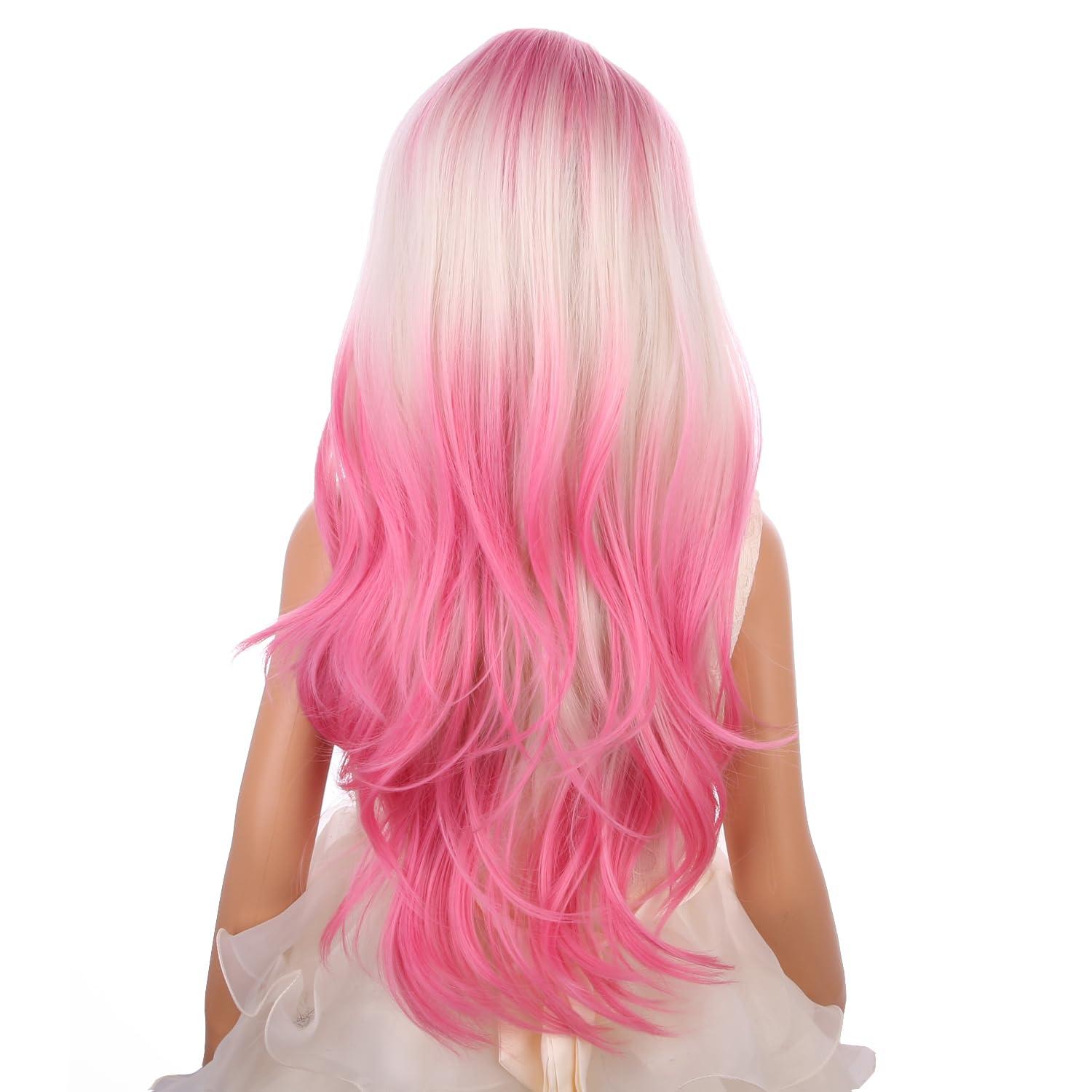 imageKids Blue Wig Long Wavy Child Wig Light Blue Wig for Kids Heat Resistant Synthetic Hair Cosplay Costume Girls Wig Mixed BlueBlonde to Pink