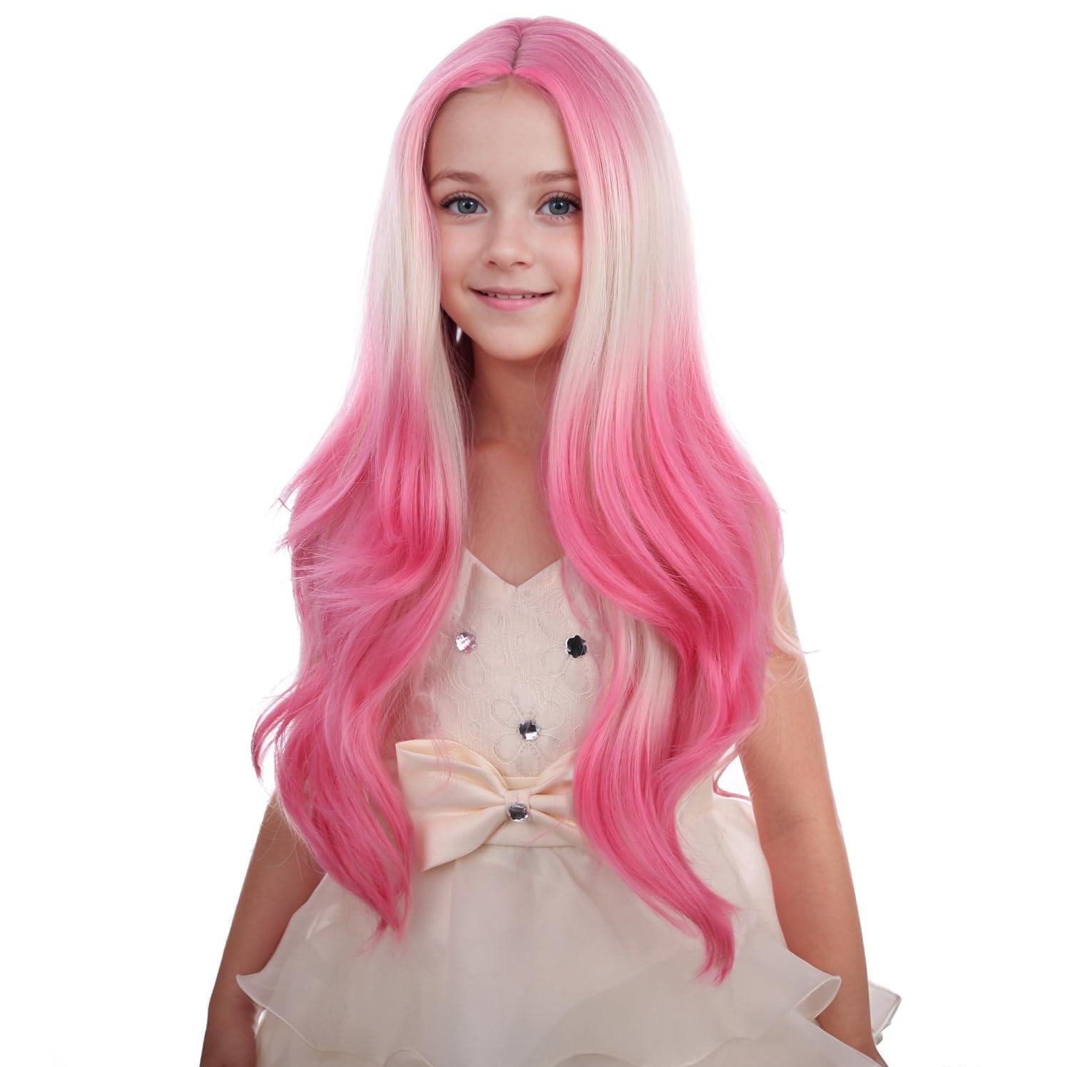 imageKids Blue Wig Long Wavy Child Wig Light Blue Wig for Kids Heat Resistant Synthetic Hair Cosplay Costume Girls Wig Mixed BlueBlonde to Pink
