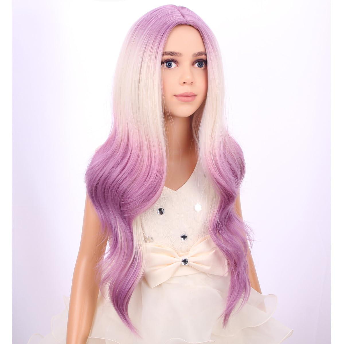 imageKids Blue Wig Long Wavy Child Wig Light Blue Wig for Kids Heat Resistant Synthetic Hair Cosplay Costume Girls Wig Mixed BlueBlonde to Purple