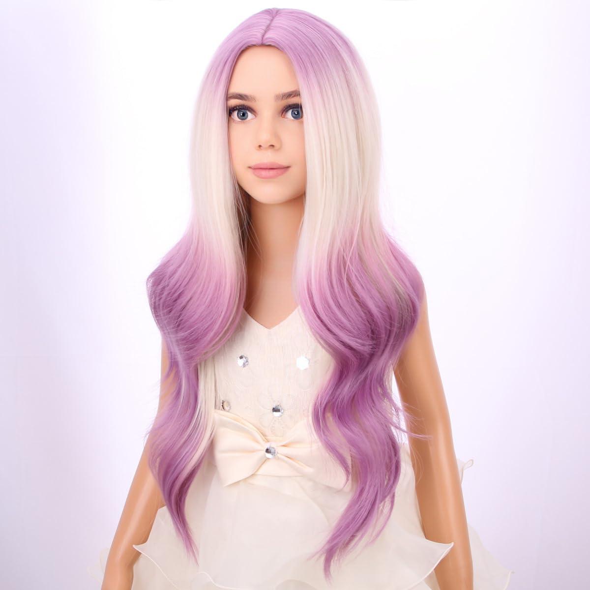 imageKids Blue Wig Long Wavy Child Wig Light Blue Wig for Kids Heat Resistant Synthetic Hair Cosplay Costume Girls Wig Mixed BlueBlonde to Purple
