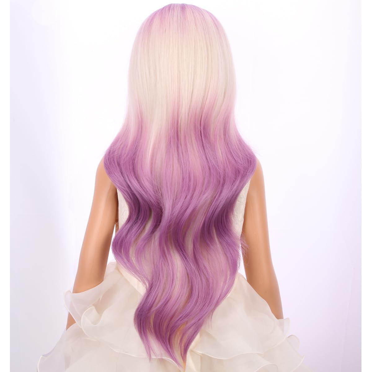 imageKids Blue Wig Long Wavy Child Wig Light Blue Wig for Kids Heat Resistant Synthetic Hair Cosplay Costume Girls Wig Mixed BlueBlonde to Purple