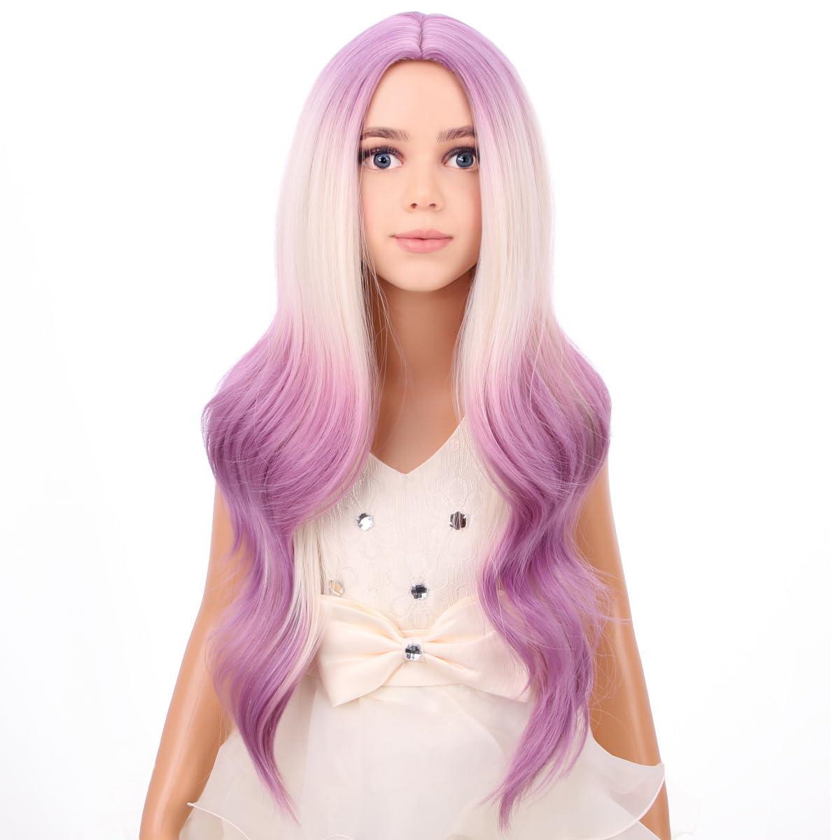 imageKids Blue Wig Long Wavy Child Wig Light Blue Wig for Kids Heat Resistant Synthetic Hair Cosplay Costume Girls Wig Mixed BlueBlonde to Purple