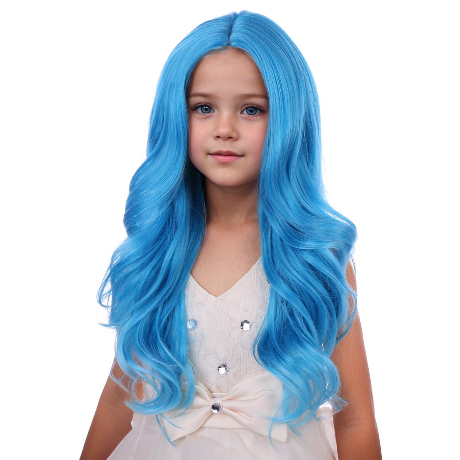 imageKids Blue Wig Long Wavy Child Wig Light Blue Wig for Kids Heat Resistant Synthetic Hair Cosplay Costume Girls Wig Mixed BlueBlue