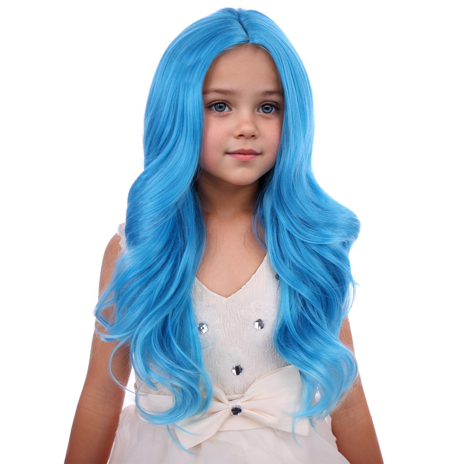 imageKids Blue Wig Long Wavy Child Wig Light Blue Wig for Kids Heat Resistant Synthetic Hair Cosplay Costume Girls Wig Mixed BlueBlue