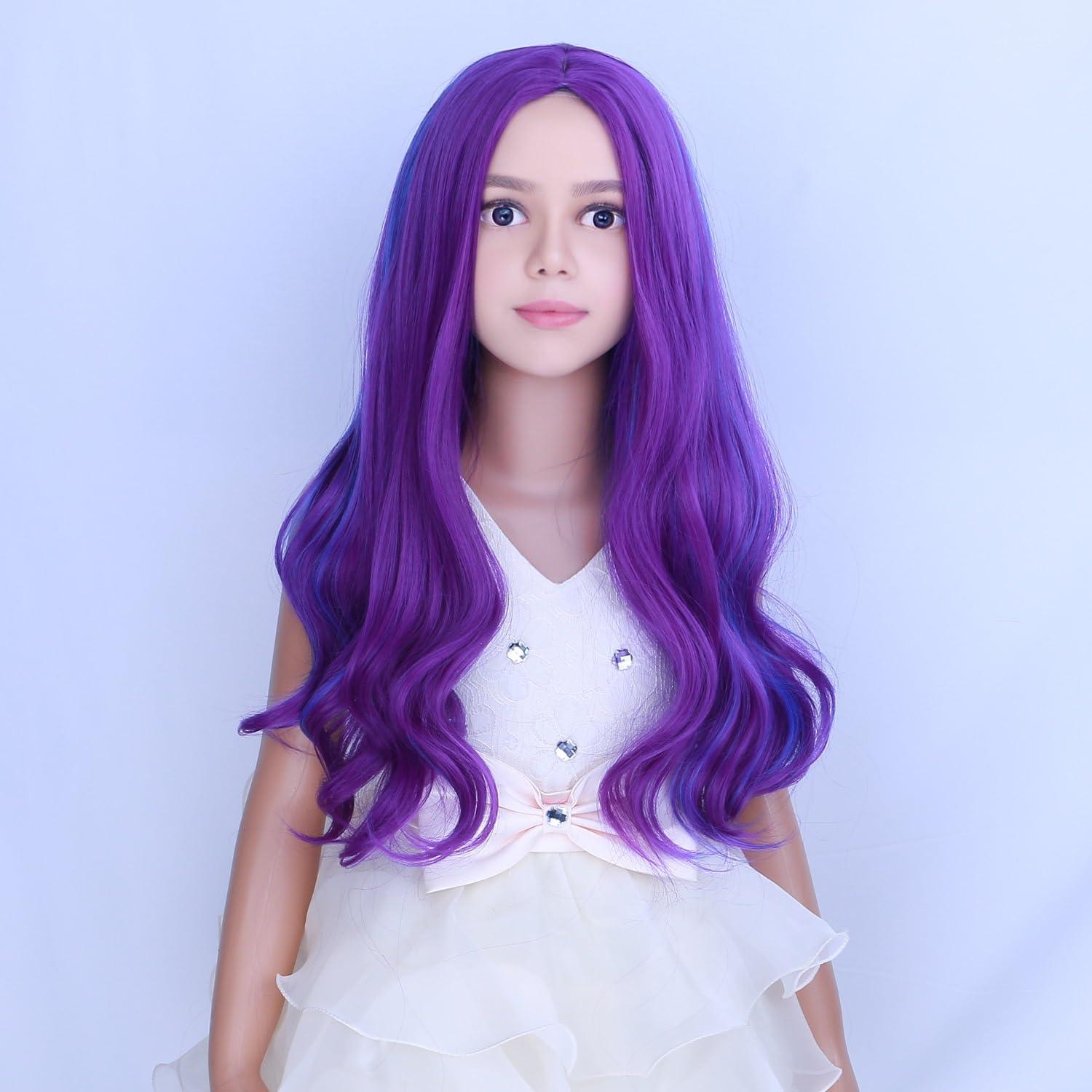imageKids Blue Wig Long Wavy Child Wig Light Blue Wig for Kids Heat Resistant Synthetic Hair Cosplay Costume Girls Wig Mixed BlueBlue Purple