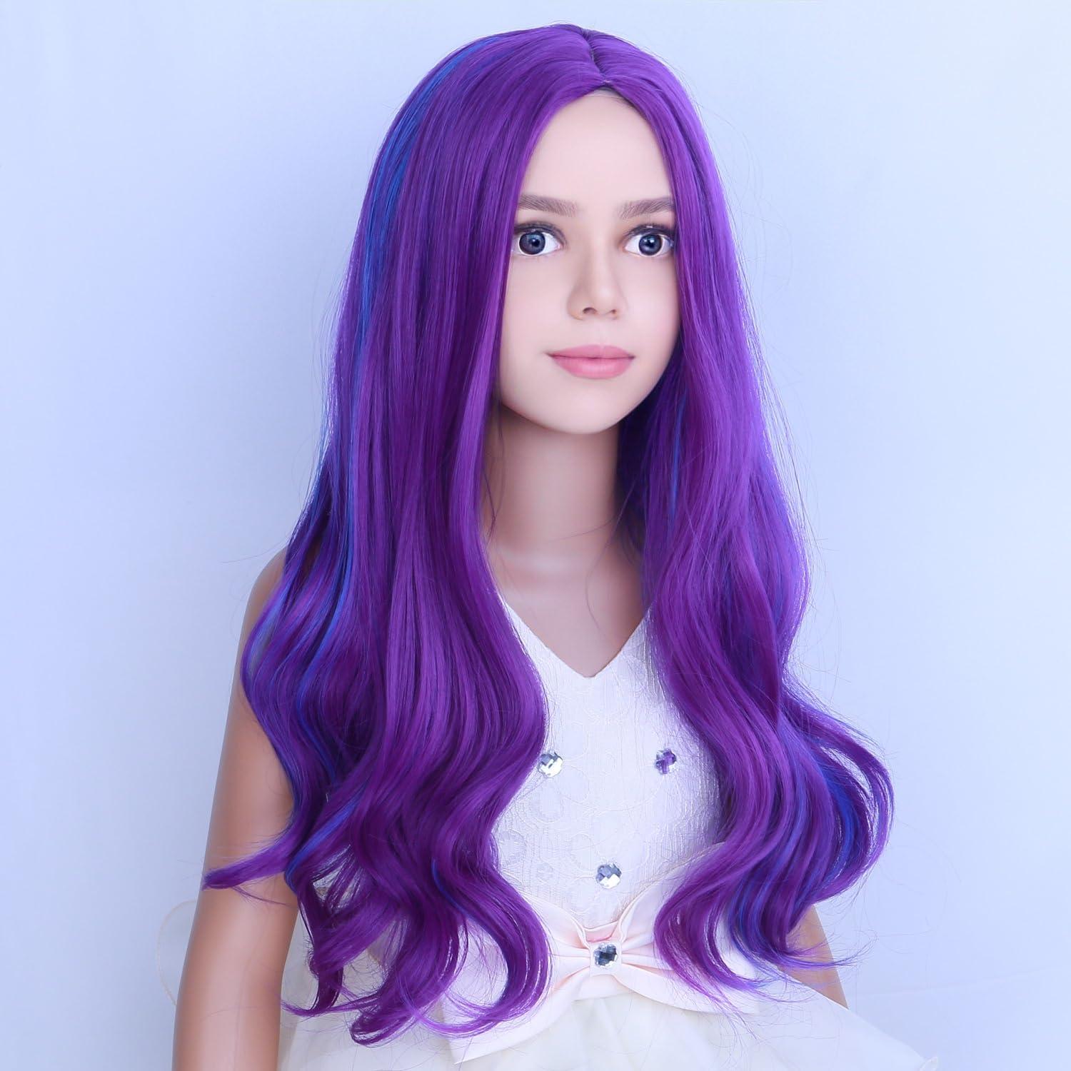 imageKids Blue Wig Long Wavy Child Wig Light Blue Wig for Kids Heat Resistant Synthetic Hair Cosplay Costume Girls Wig Mixed BlueBlue Purple