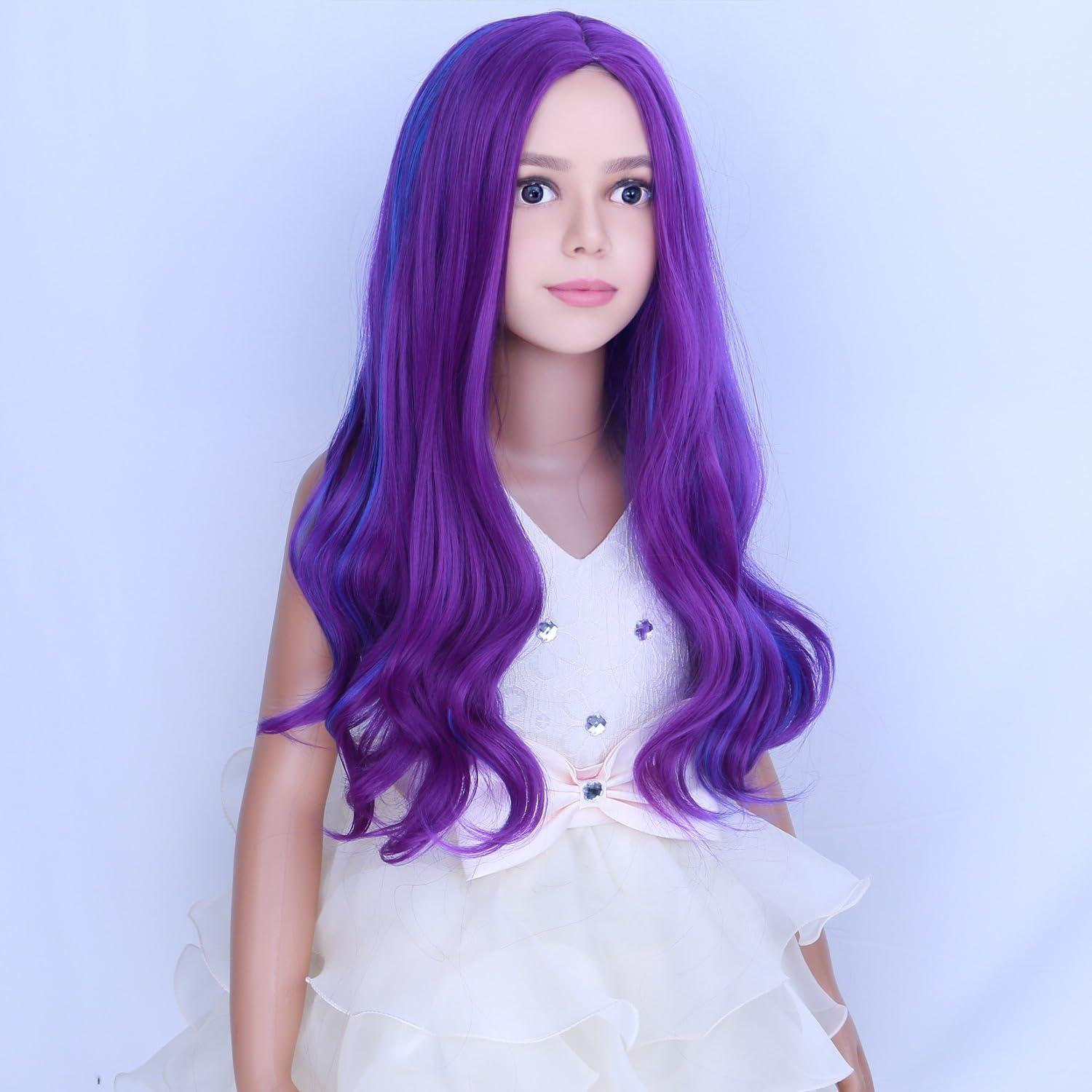 imageKids Blue Wig Long Wavy Child Wig Light Blue Wig for Kids Heat Resistant Synthetic Hair Cosplay Costume Girls Wig Mixed BlueBlue Purple