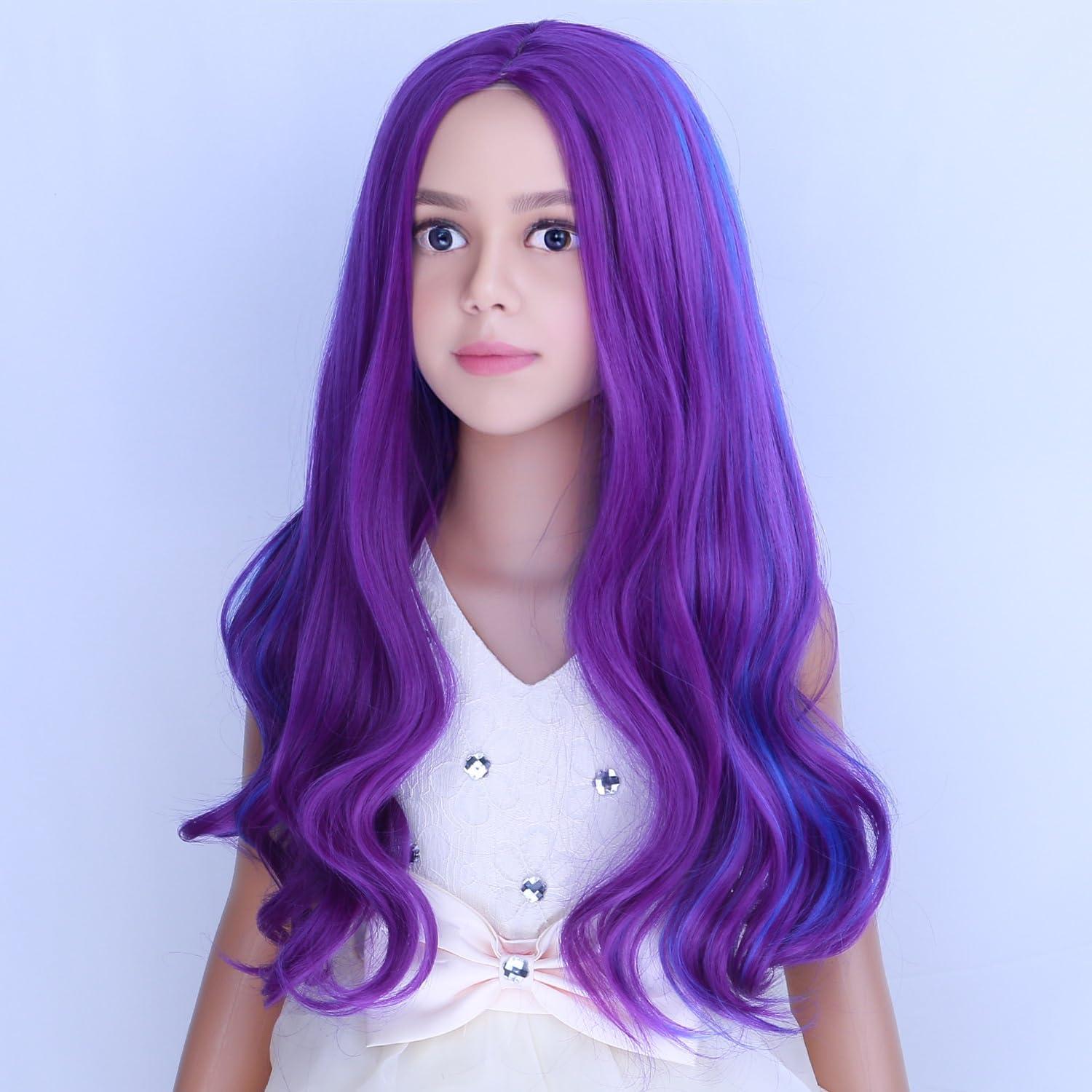 imageKids Blue Wig Long Wavy Child Wig Light Blue Wig for Kids Heat Resistant Synthetic Hair Cosplay Costume Girls Wig Mixed BlueBlue Purple
