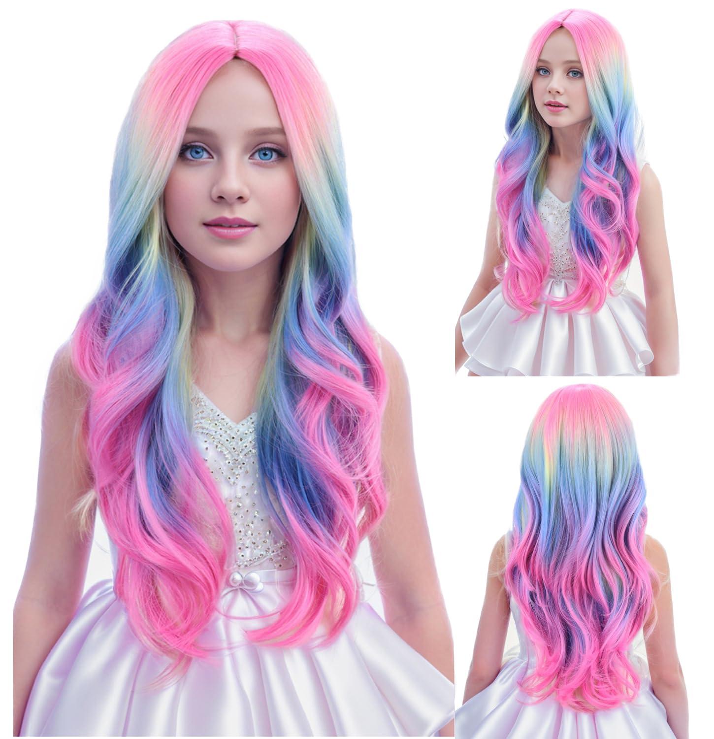 imageKids Blue Wig Long Wavy Child Wig Light Blue Wig for Kids Heat Resistant Synthetic Hair Cosplay Costume Girls Wig Mixed BlueColorful