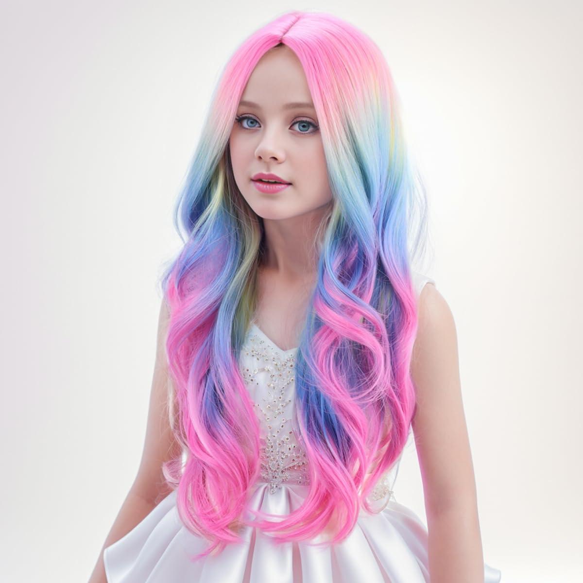 imageKids Blue Wig Long Wavy Child Wig Light Blue Wig for Kids Heat Resistant Synthetic Hair Cosplay Costume Girls Wig Mixed BlueColorful