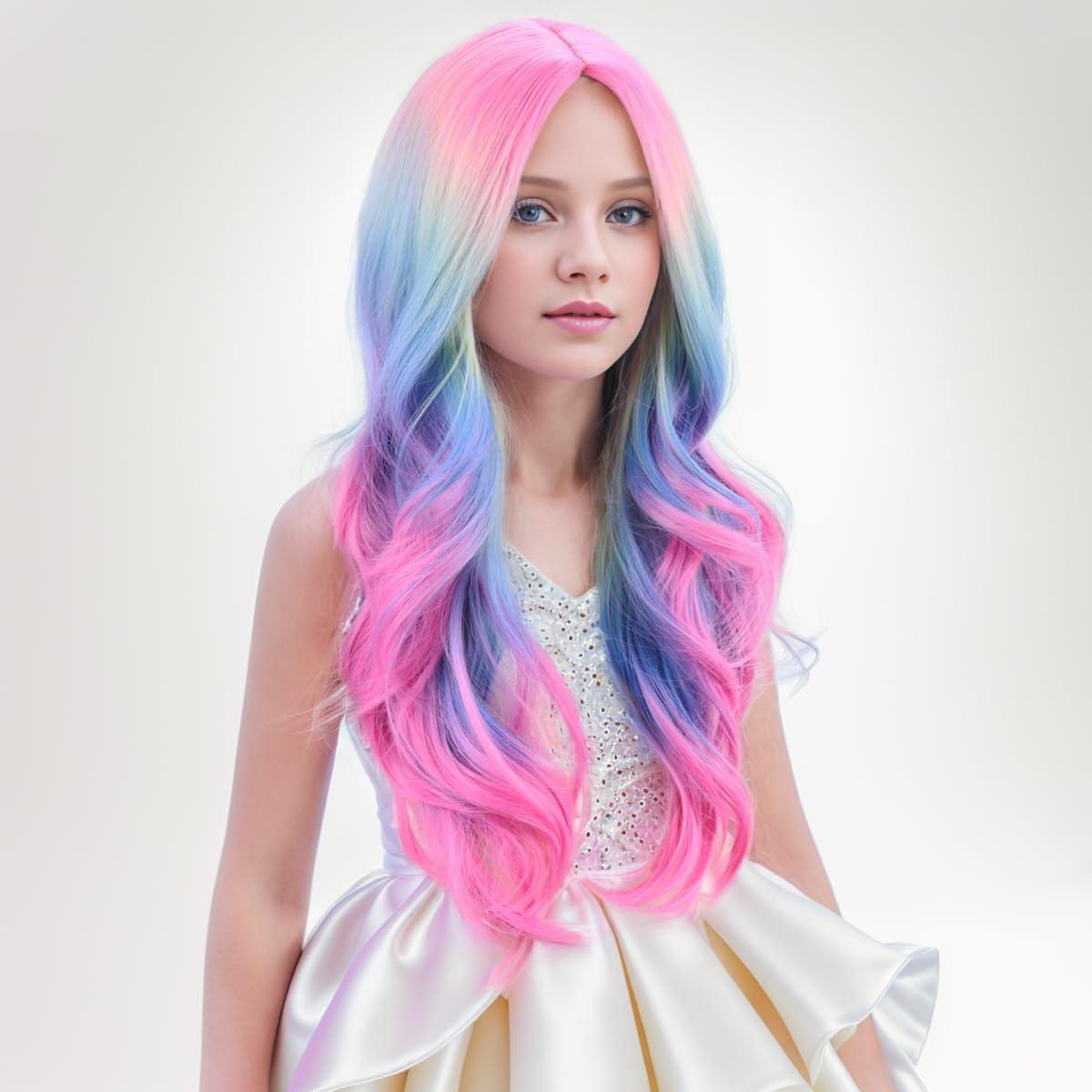 imageKids Blue Wig Long Wavy Child Wig Light Blue Wig for Kids Heat Resistant Synthetic Hair Cosplay Costume Girls Wig Mixed BlueColorful