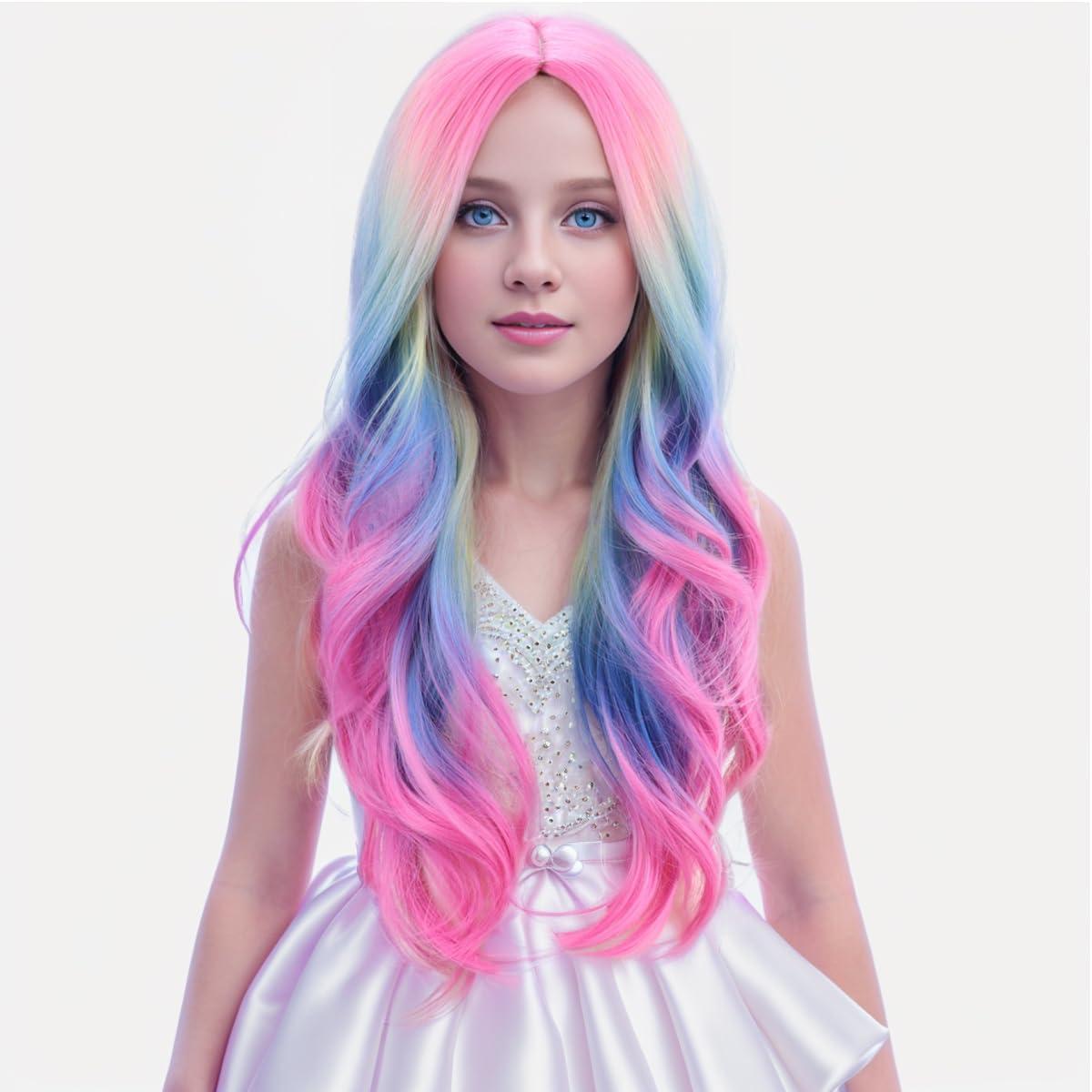 imageKids Blue Wig Long Wavy Child Wig Light Blue Wig for Kids Heat Resistant Synthetic Hair Cosplay Costume Girls Wig Mixed BlueColorful