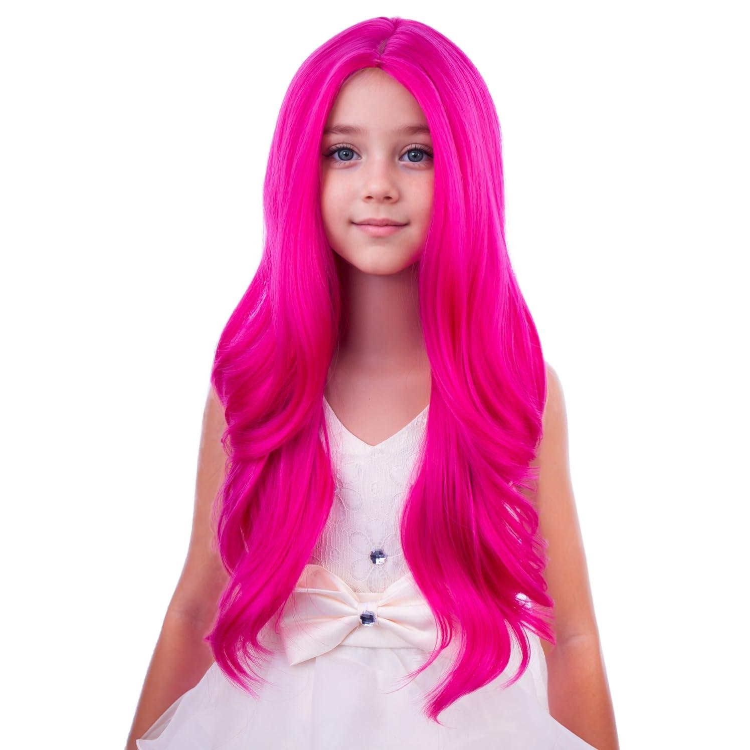 imageKids Blue Wig Long Wavy Child Wig Light Blue Wig for Kids Heat Resistant Synthetic Hair Cosplay Costume Girls Wig Mixed BlueHot Pink