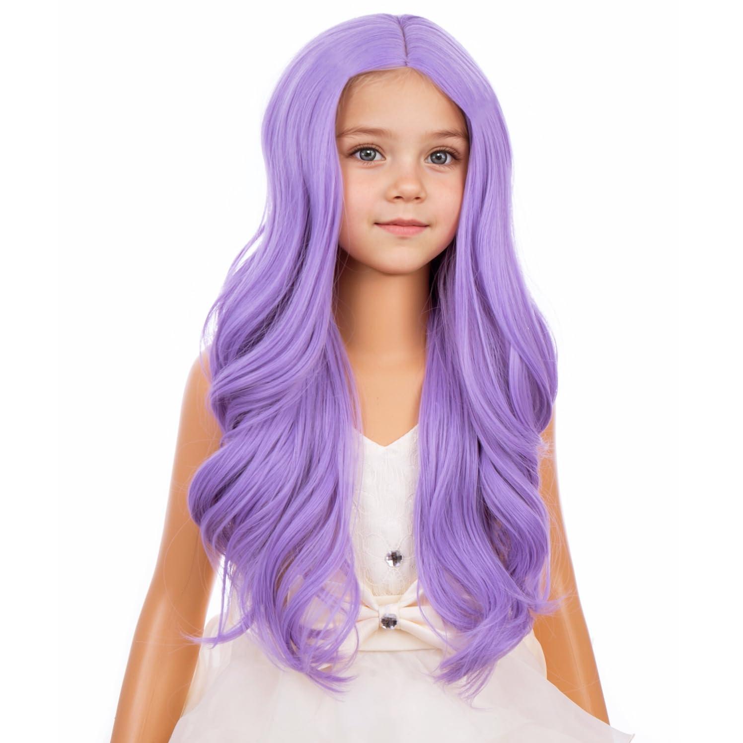 imageKids Blue Wig Long Wavy Child Wig Light Blue Wig for Kids Heat Resistant Synthetic Hair Cosplay Costume Girls Wig Mixed BlueLight Purple