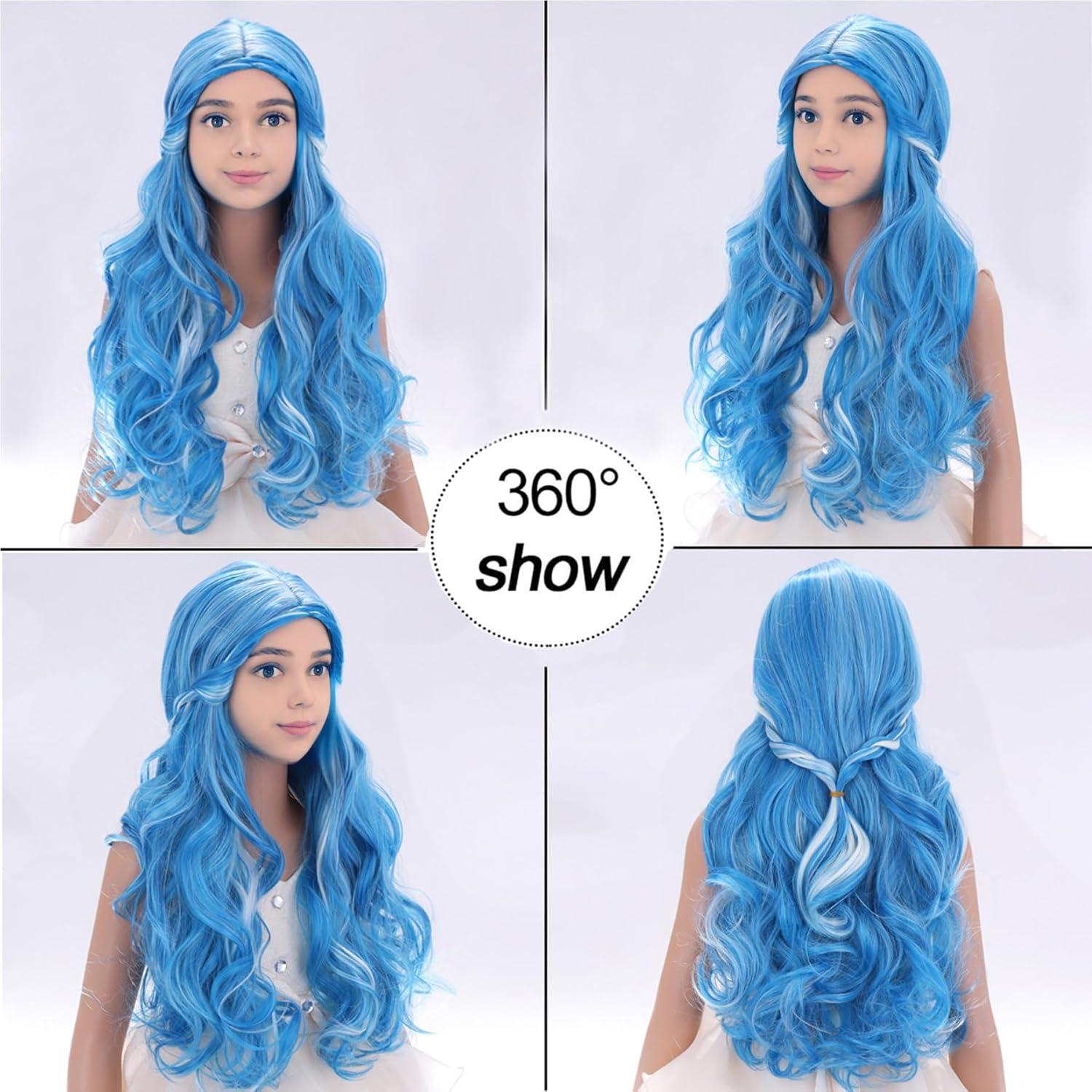imageKids Blue Wig Long Wavy Child Wig Light Blue Wig for Kids Heat Resistant Synthetic Hair Cosplay Costume Girls Wig Mixed BlueMixed Blue