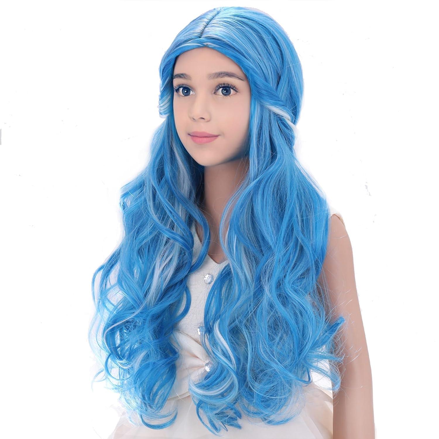 imageKids Blue Wig Long Wavy Child Wig Light Blue Wig for Kids Heat Resistant Synthetic Hair Cosplay Costume Girls Wig Mixed BlueMixed Blue