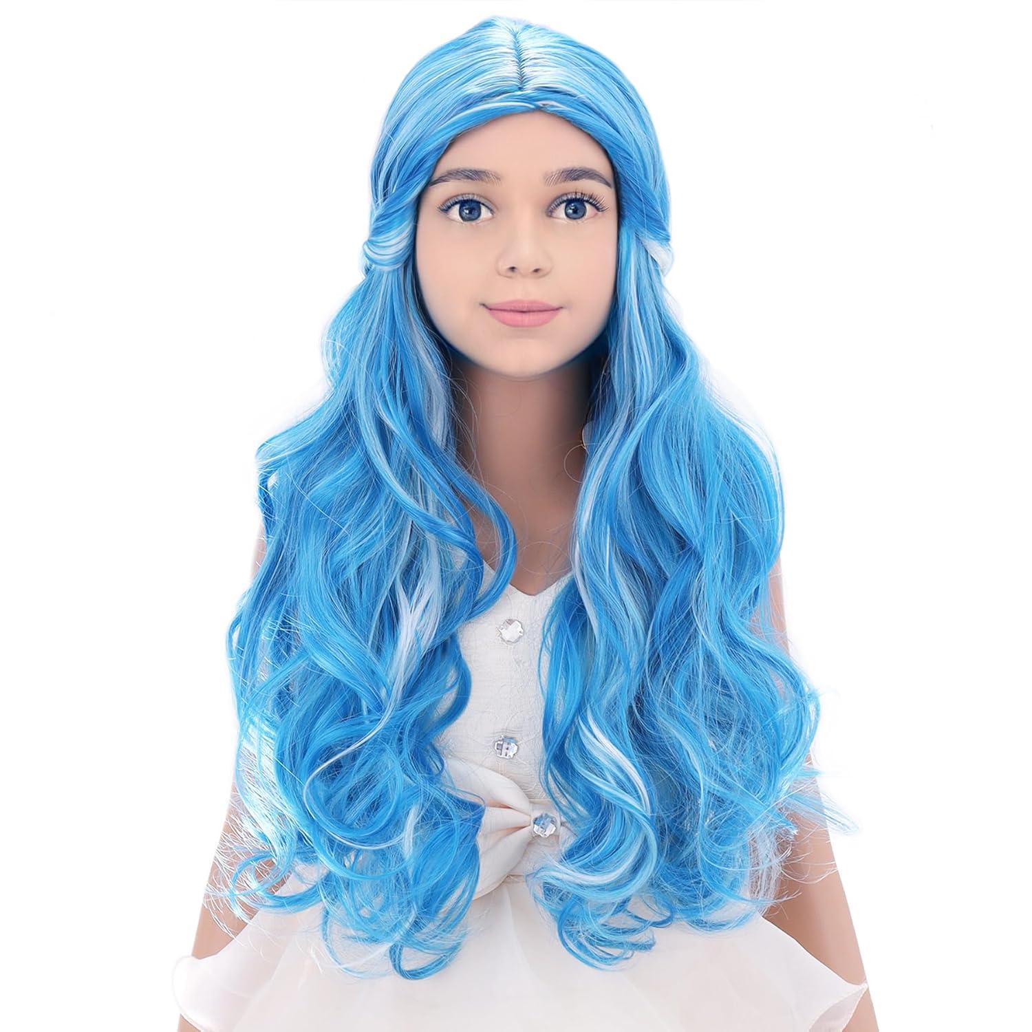 imageKids Blue Wig Long Wavy Child Wig Light Blue Wig for Kids Heat Resistant Synthetic Hair Cosplay Costume Girls Wig Mixed BlueMixed Blue