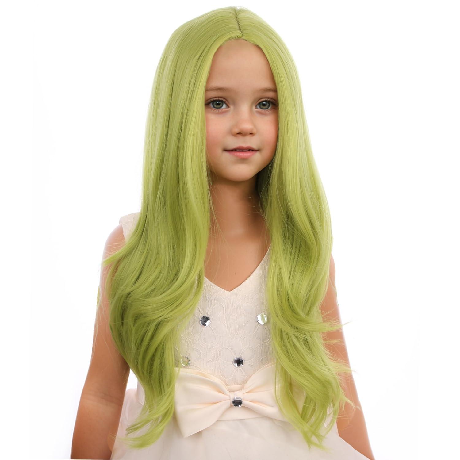 imageKids Blue Wig Long Wavy Child Wig Light Blue Wig for Kids Heat Resistant Synthetic Hair Cosplay Costume Girls Wig Mixed BlueOlive Green