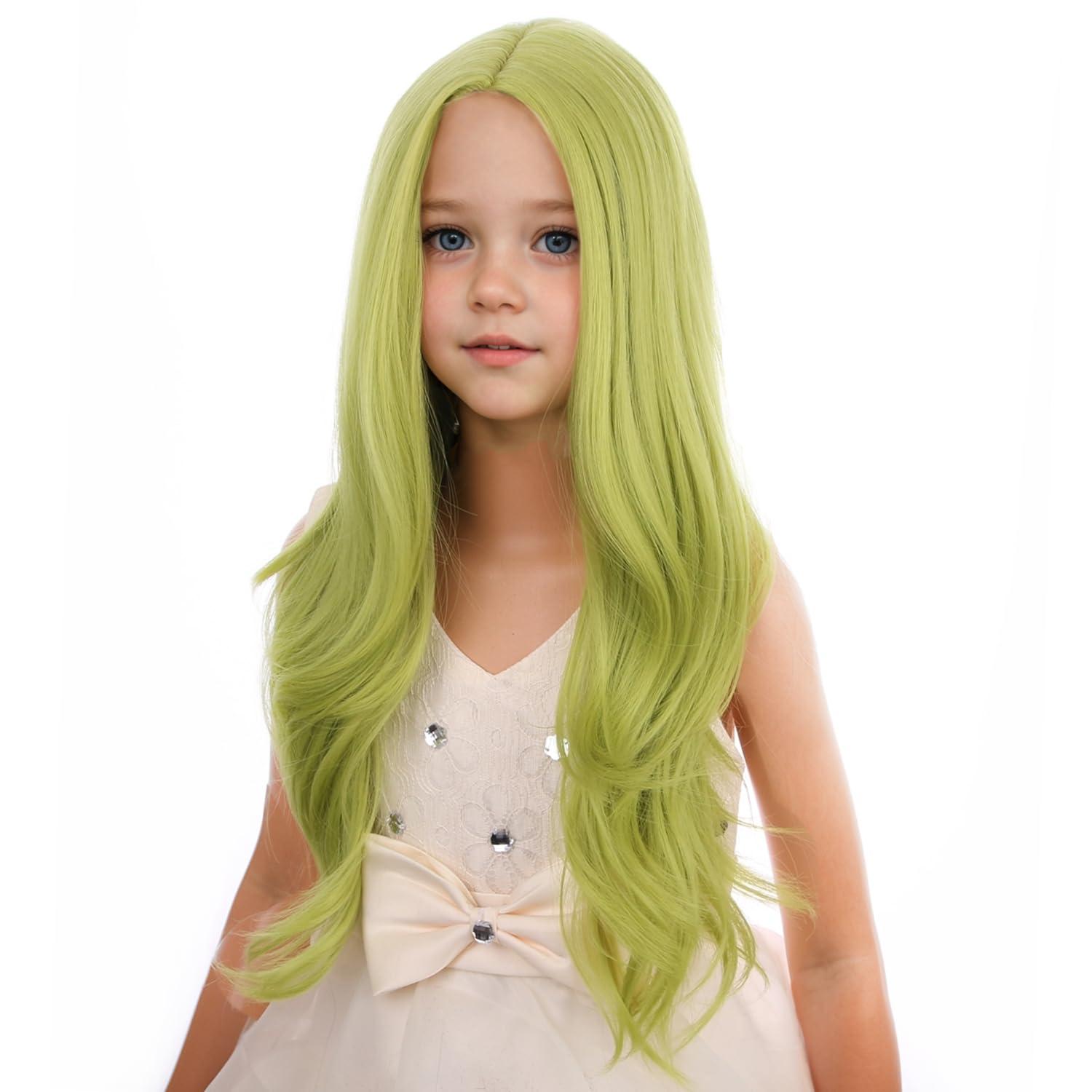 imageKids Blue Wig Long Wavy Child Wig Light Blue Wig for Kids Heat Resistant Synthetic Hair Cosplay Costume Girls Wig Mixed BlueOlive Green