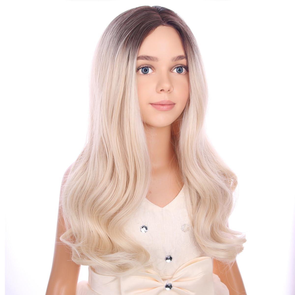 imageKids Blue Wig Long Wavy Child Wig Light Blue Wig for Kids Heat Resistant Synthetic Hair Cosplay Costume Girls Wig Mixed BlueOmbre Blonde