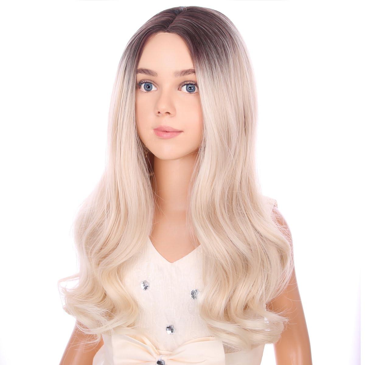 imageKids Blue Wig Long Wavy Child Wig Light Blue Wig for Kids Heat Resistant Synthetic Hair Cosplay Costume Girls Wig Mixed BlueOmbre Blonde
