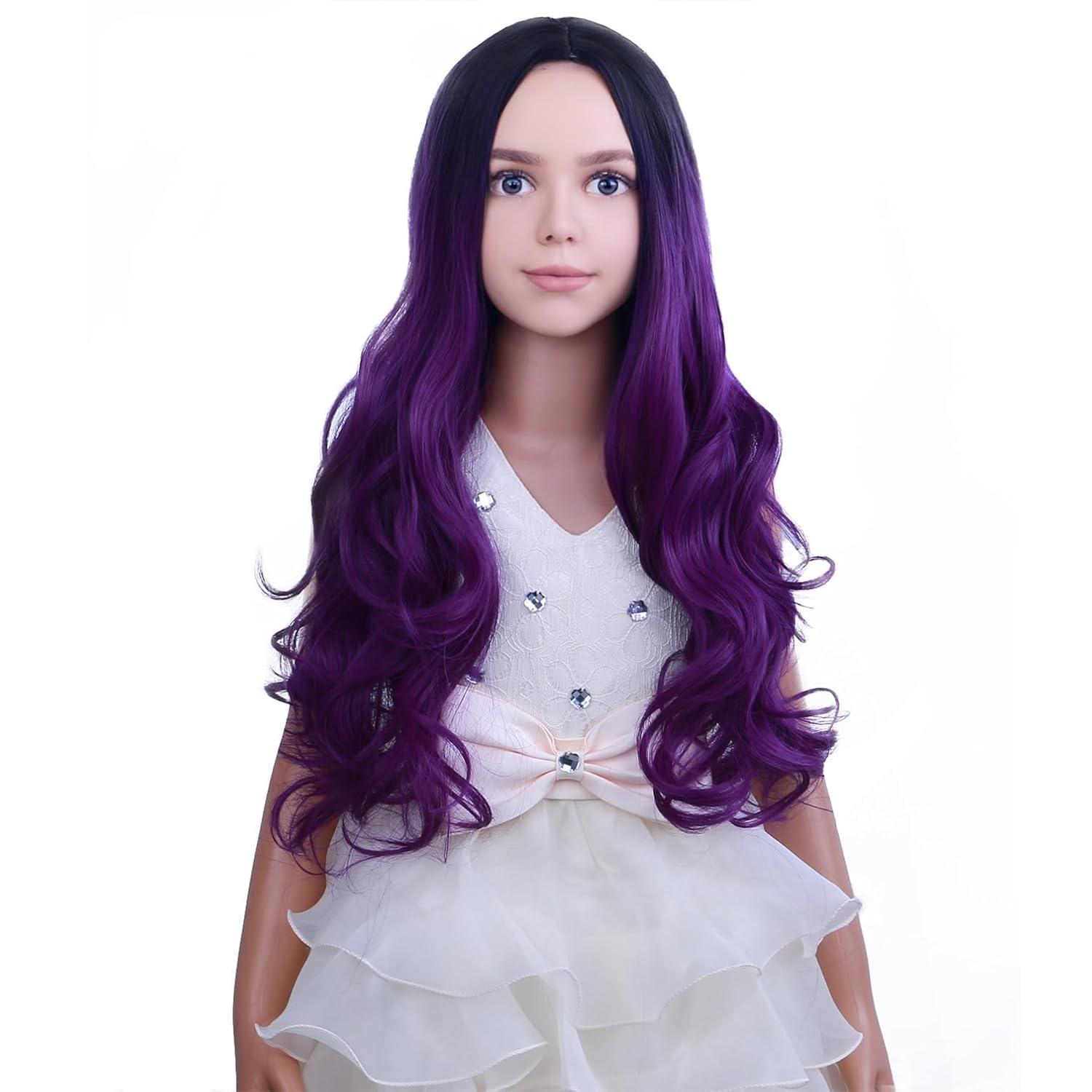 imageKids Blue Wig Long Wavy Child Wig Light Blue Wig for Kids Heat Resistant Synthetic Hair Cosplay Costume Girls Wig Mixed BlueOmbre Purple