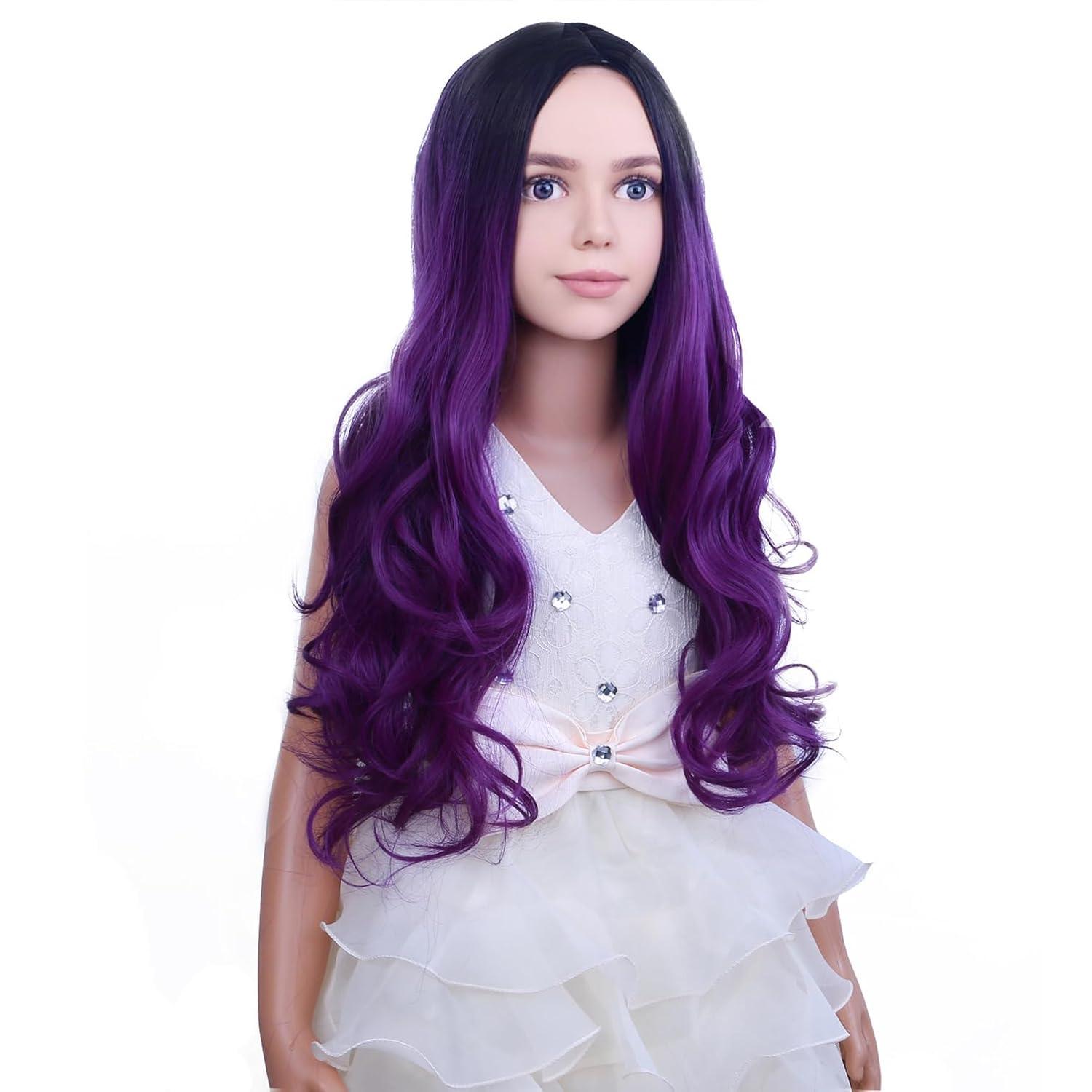 imageKids Blue Wig Long Wavy Child Wig Light Blue Wig for Kids Heat Resistant Synthetic Hair Cosplay Costume Girls Wig Mixed BlueOmbre Purple