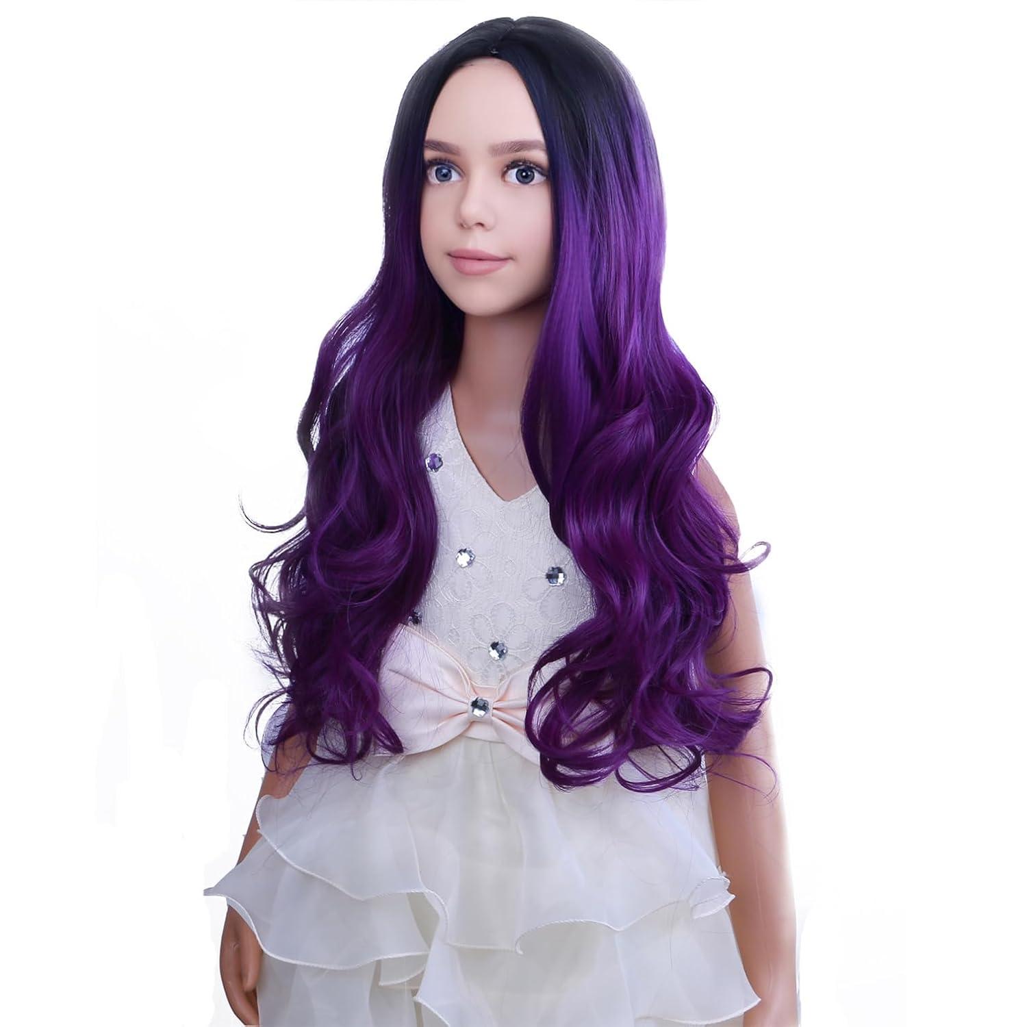 imageKids Blue Wig Long Wavy Child Wig Light Blue Wig for Kids Heat Resistant Synthetic Hair Cosplay Costume Girls Wig Mixed BlueOmbre Purple