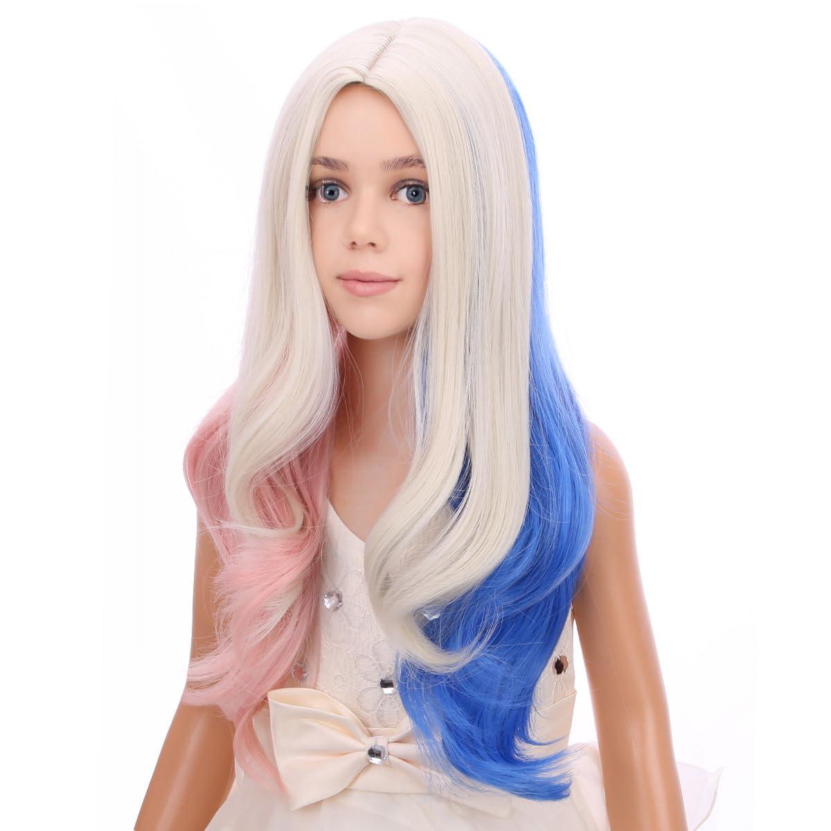 imageKids Blue Wig Long Wavy Child Wig Light Blue Wig for Kids Heat Resistant Synthetic Hair Cosplay Costume Girls Wig Mixed BluePink Blue