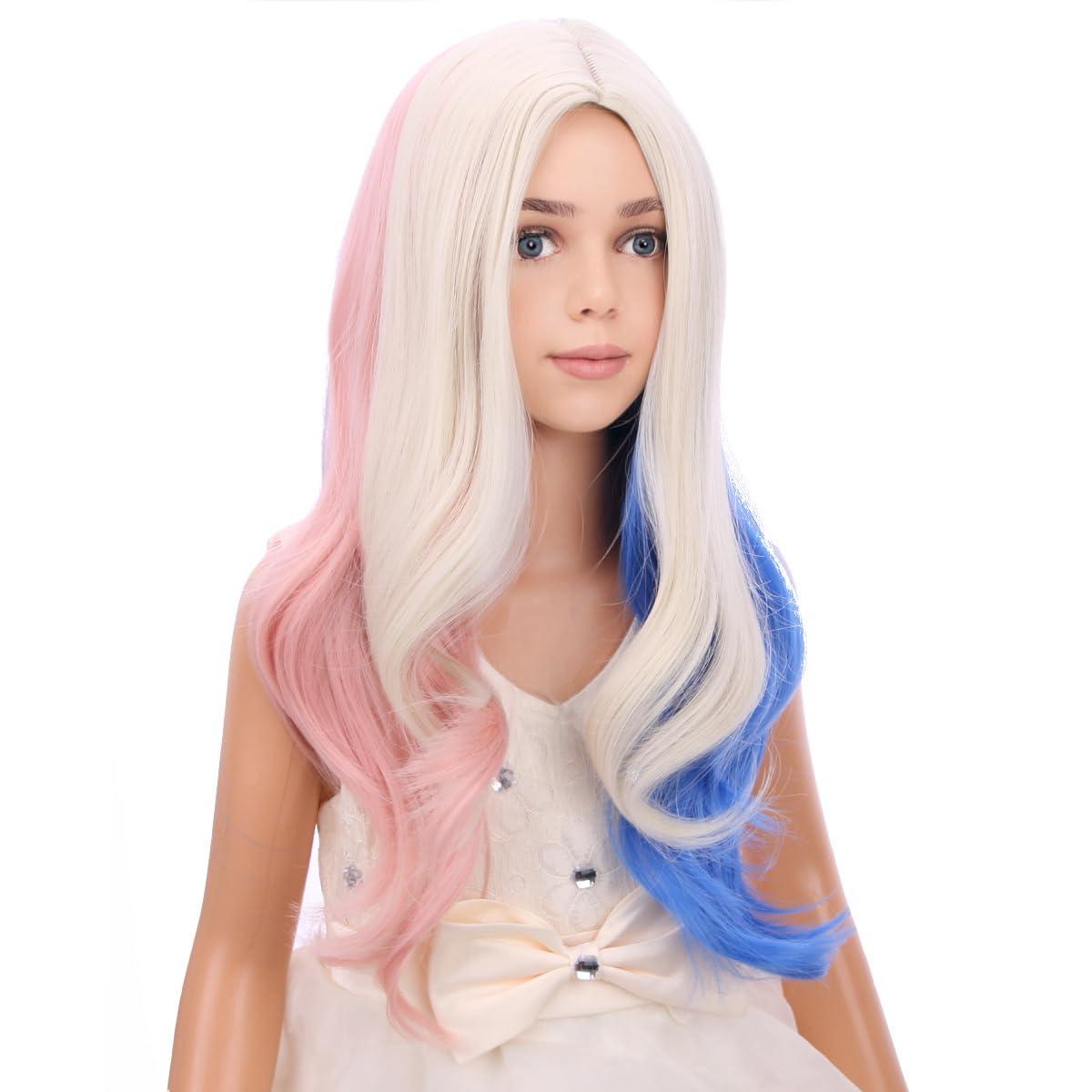 imageKids Blue Wig Long Wavy Child Wig Light Blue Wig for Kids Heat Resistant Synthetic Hair Cosplay Costume Girls Wig Mixed BluePink Blue