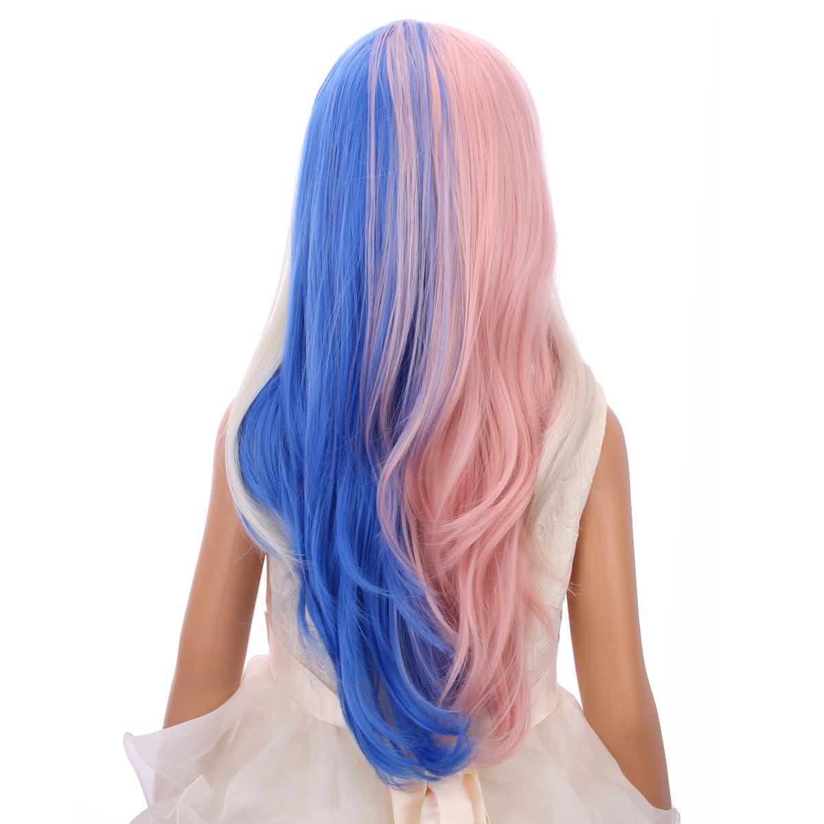 imageKids Blue Wig Long Wavy Child Wig Light Blue Wig for Kids Heat Resistant Synthetic Hair Cosplay Costume Girls Wig Mixed BluePink Blue
