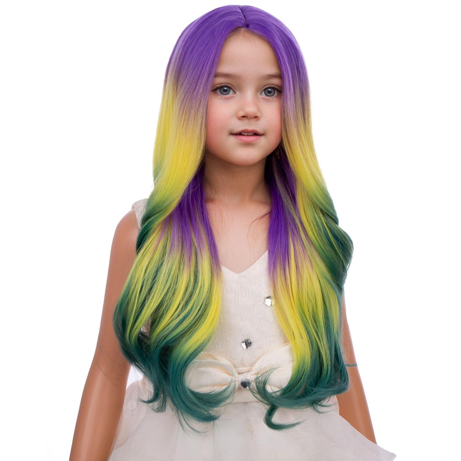 imageKids Blue Wig Long Wavy Child Wig Light Blue Wig for Kids Heat Resistant Synthetic Hair Cosplay Costume Girls Wig Mixed BluePurple Yellow Green Ombre