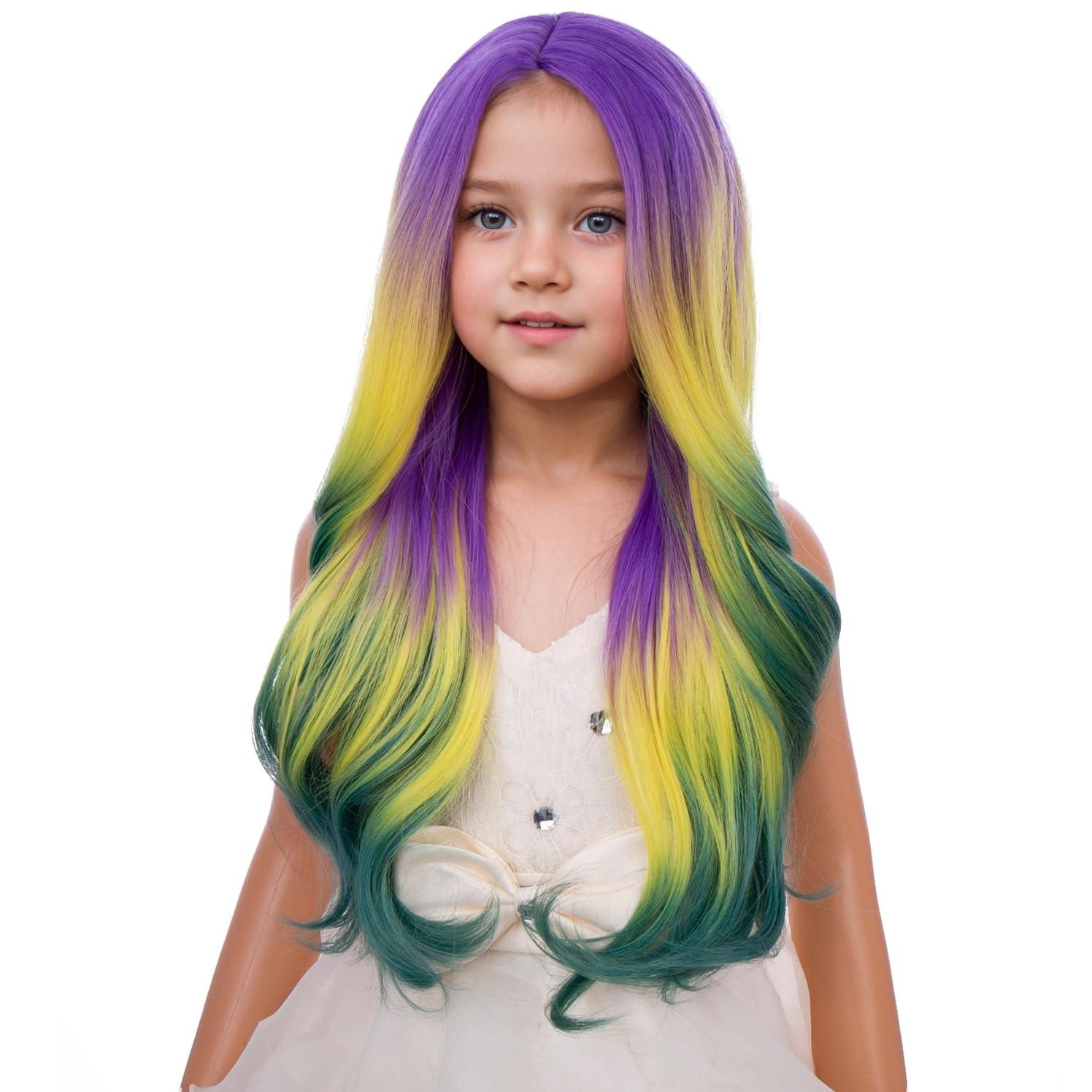 imageKids Blue Wig Long Wavy Child Wig Light Blue Wig for Kids Heat Resistant Synthetic Hair Cosplay Costume Girls Wig Mixed BluePurple Yellow Green Ombre