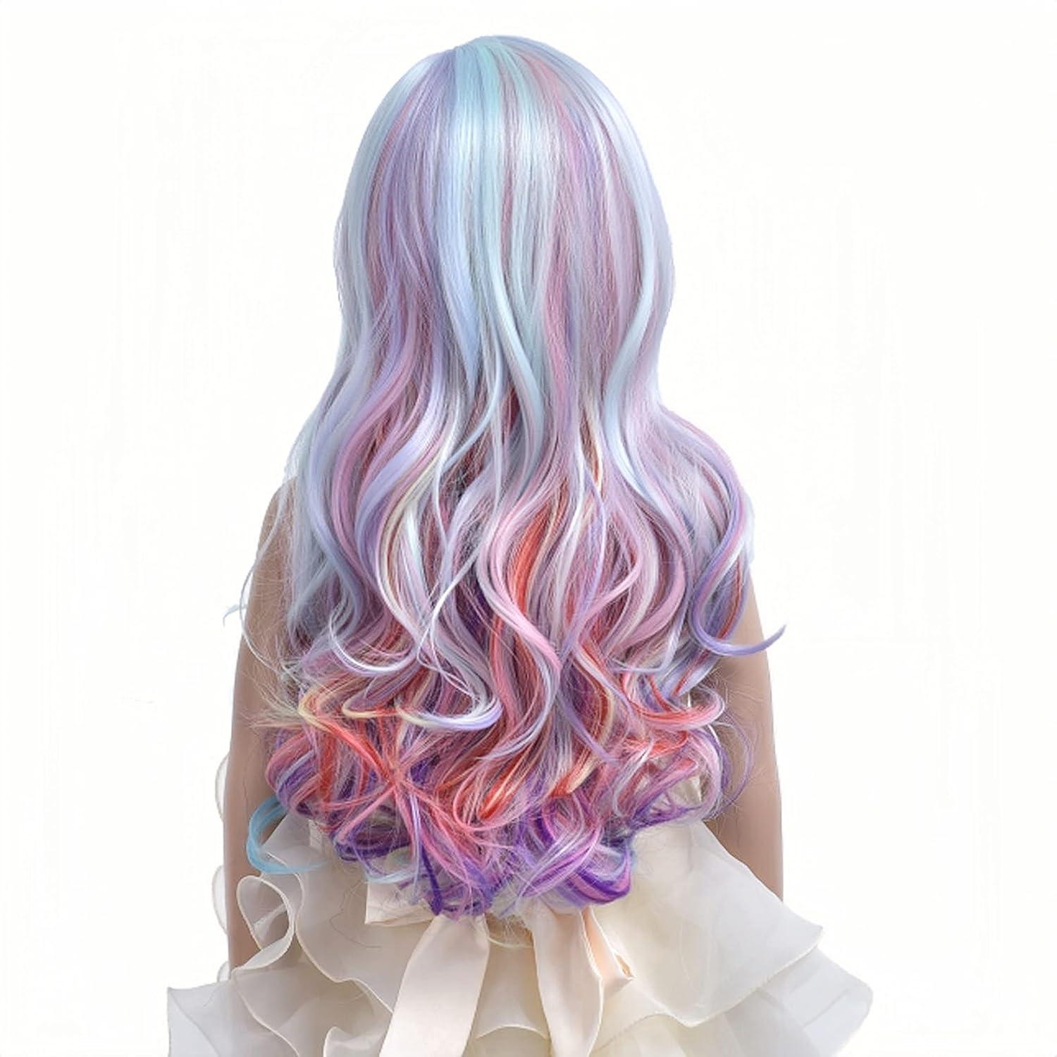 imageKids Blue Wig Long Wavy Child Wig Light Blue Wig for Kids Heat Resistant Synthetic Hair Cosplay Costume Girls Wig Mixed BlueRainbow