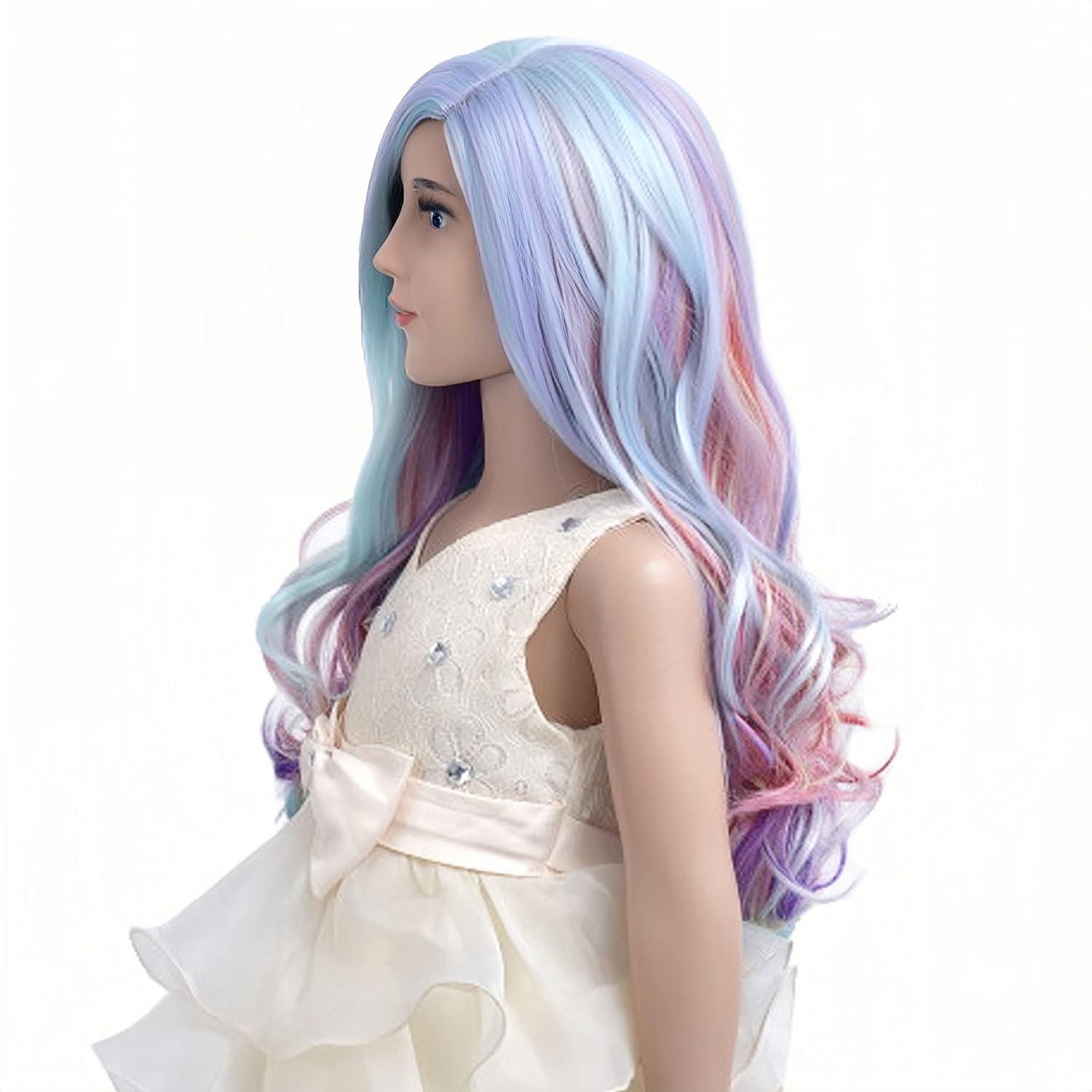 imageKids Blue Wig Long Wavy Child Wig Light Blue Wig for Kids Heat Resistant Synthetic Hair Cosplay Costume Girls Wig Mixed BlueRainbow
