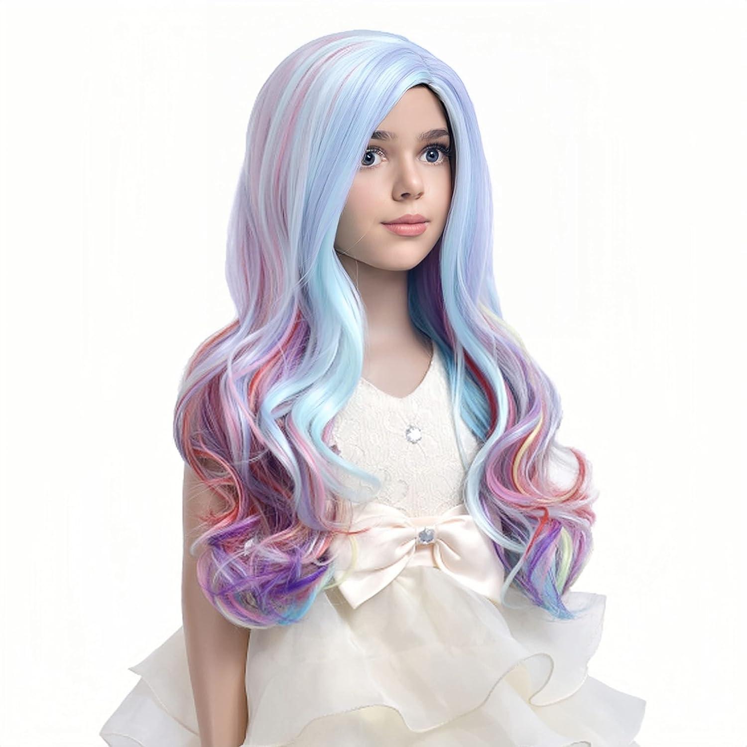 imageKids Blue Wig Long Wavy Child Wig Light Blue Wig for Kids Heat Resistant Synthetic Hair Cosplay Costume Girls Wig Mixed BlueRainbow