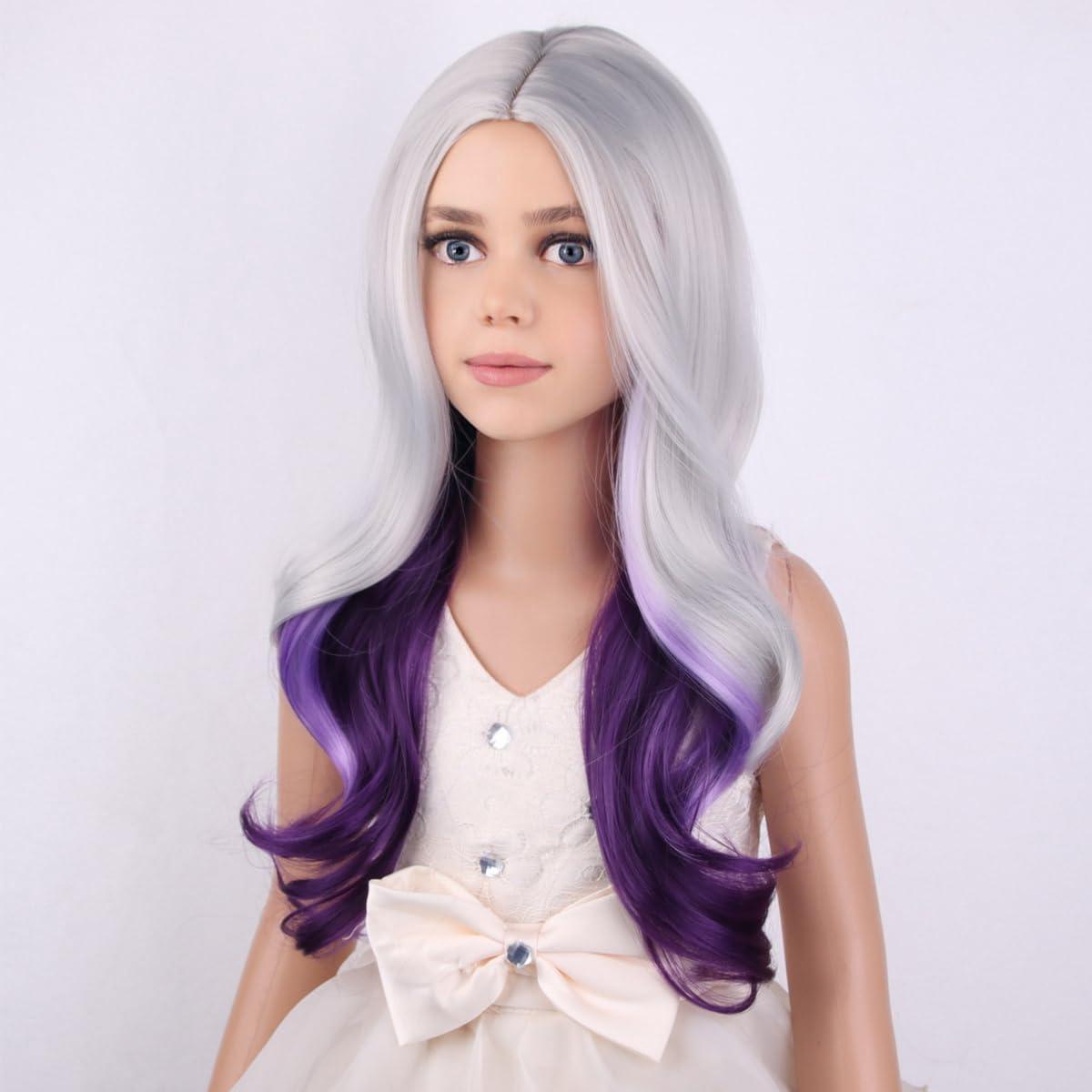 imageKids Blue Wig Long Wavy Child Wig Light Blue Wig for Kids Heat Resistant Synthetic Hair Cosplay Costume Girls Wig Mixed BlueSilver Gray Mixed Purple