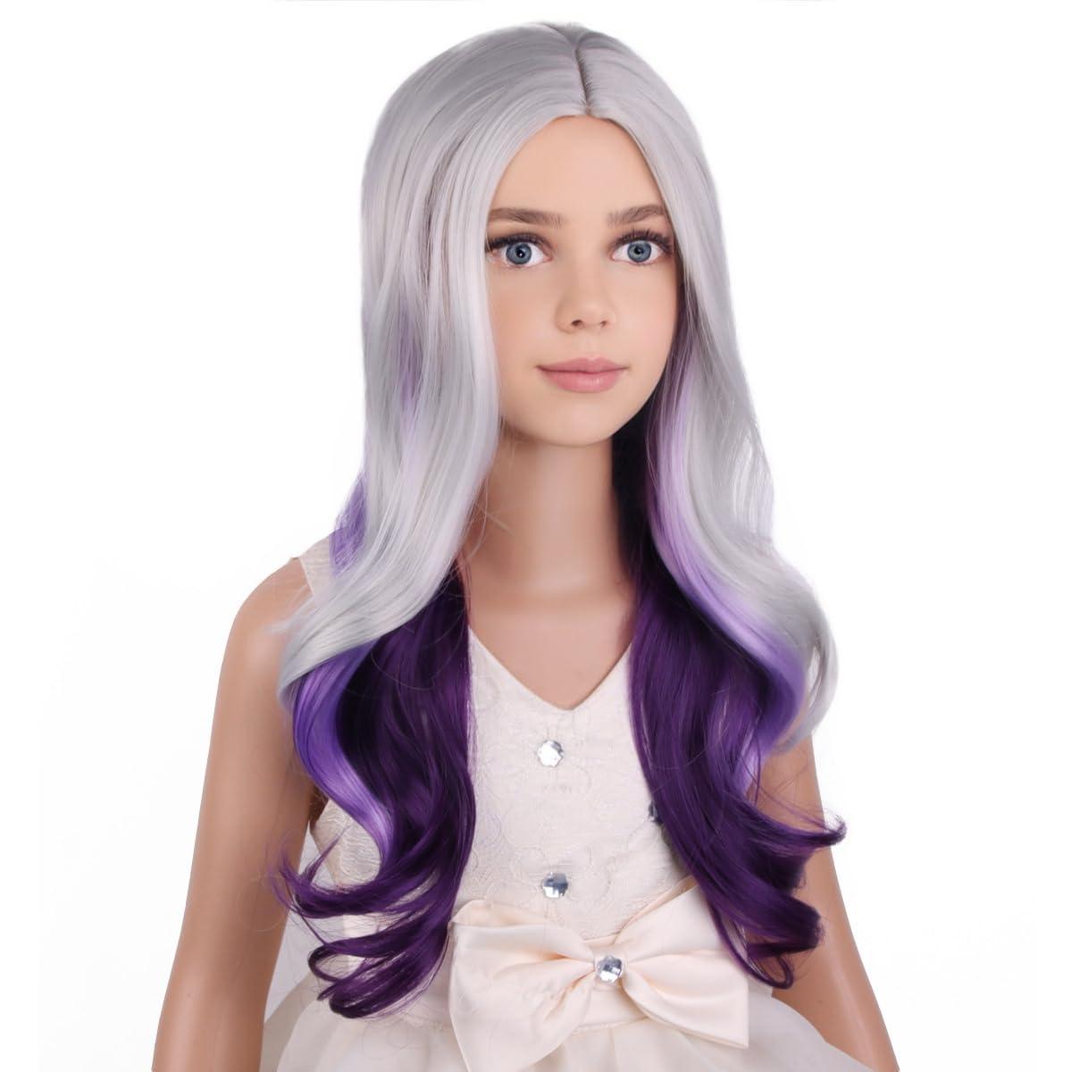 imageKids Blue Wig Long Wavy Child Wig Light Blue Wig for Kids Heat Resistant Synthetic Hair Cosplay Costume Girls Wig Mixed BlueSilver Gray Mixed Purple