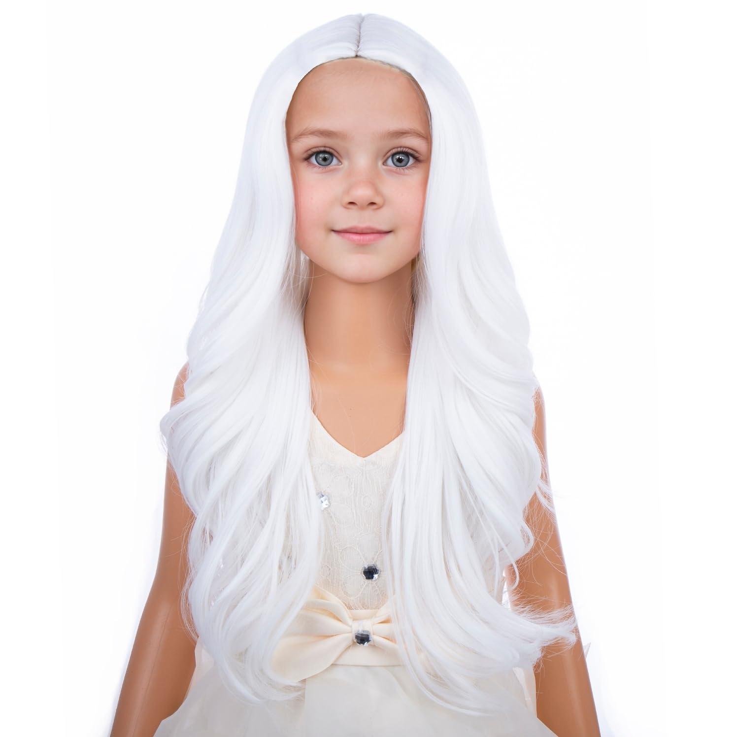 imageKids Blue Wig Long Wavy Child Wig Light Blue Wig for Kids Heat Resistant Synthetic Hair Cosplay Costume Girls Wig Mixed BlueWhite