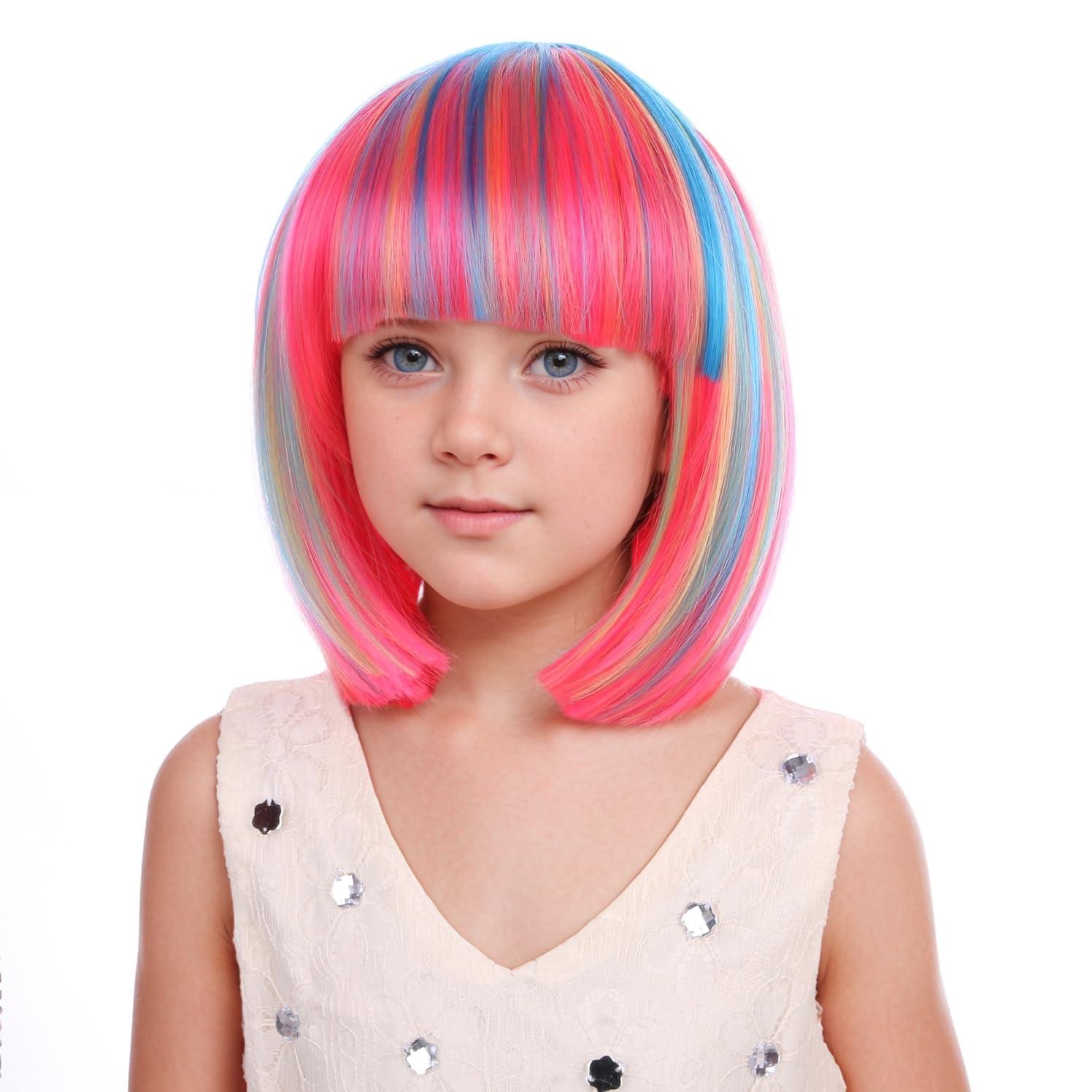imageKids Brown Wig with Bangs Child Short Brown Bob Wig for Girls Cosplay Party Synthetic Rose Net Daily WearColorful