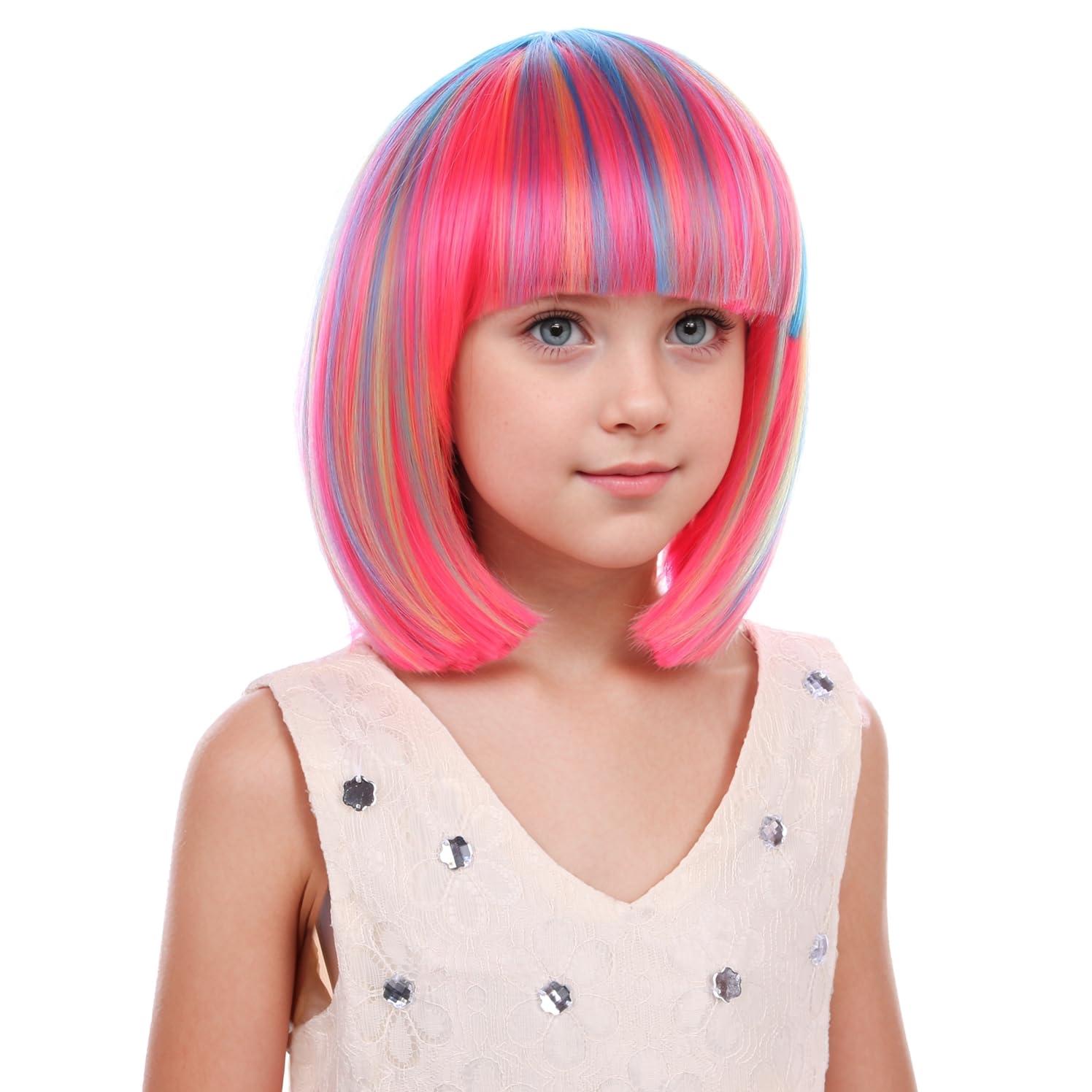 imageKids Brown Wig with Bangs Child Short Brown Bob Wig for Girls Cosplay Party Synthetic Rose Net Daily WearColorful