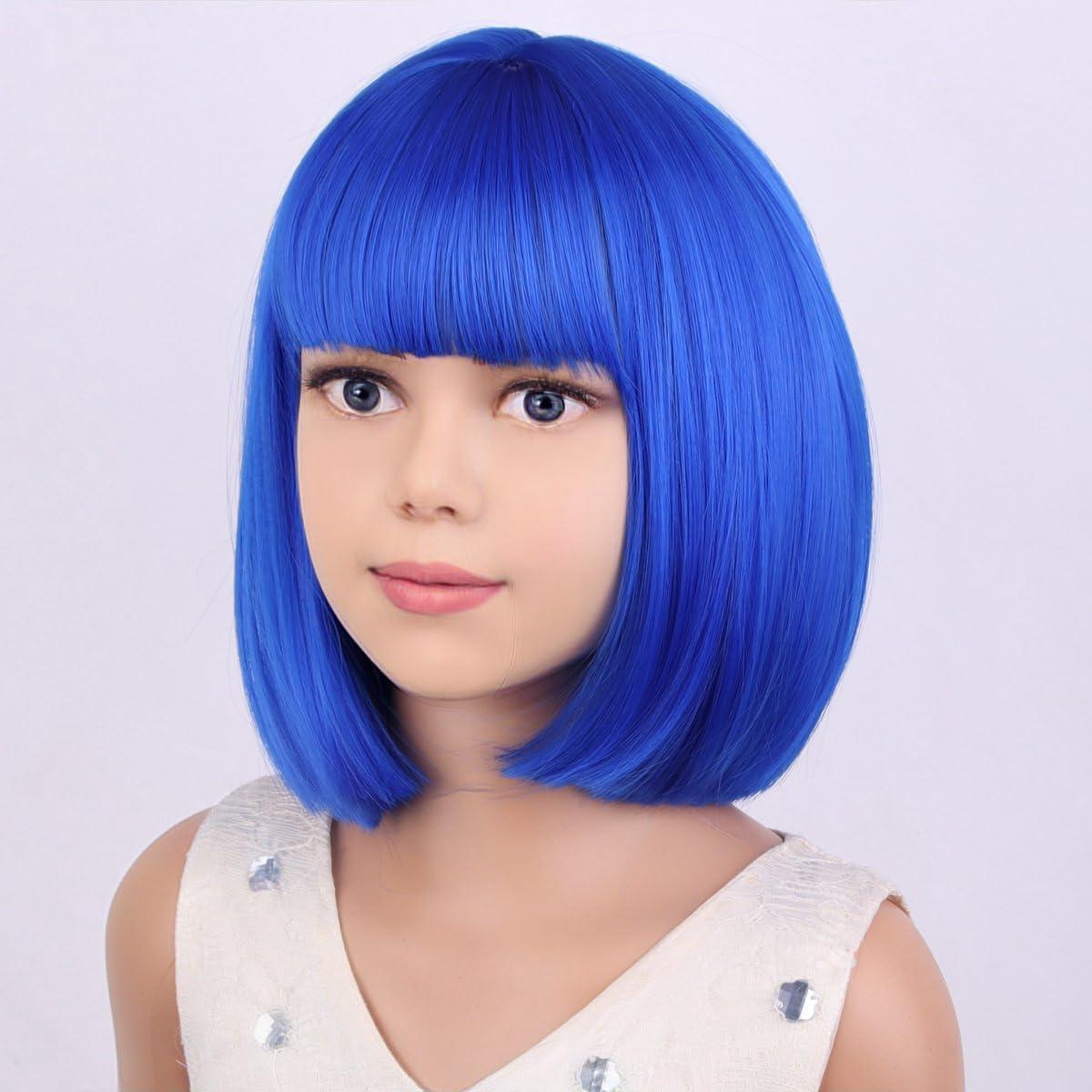 imageKids Brown Wig with Bangs Child Short Brown Bob Wig for Girls Cosplay Party Synthetic Rose Net Daily WearDark Blue