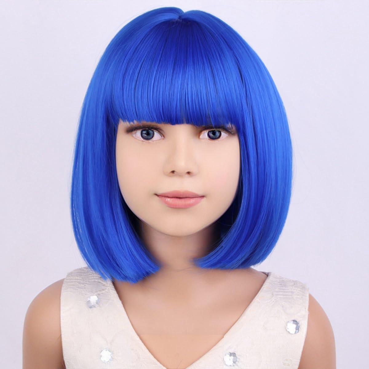 imageKids Brown Wig with Bangs Child Short Brown Bob Wig for Girls Cosplay Party Synthetic Rose Net Daily WearDark Blue